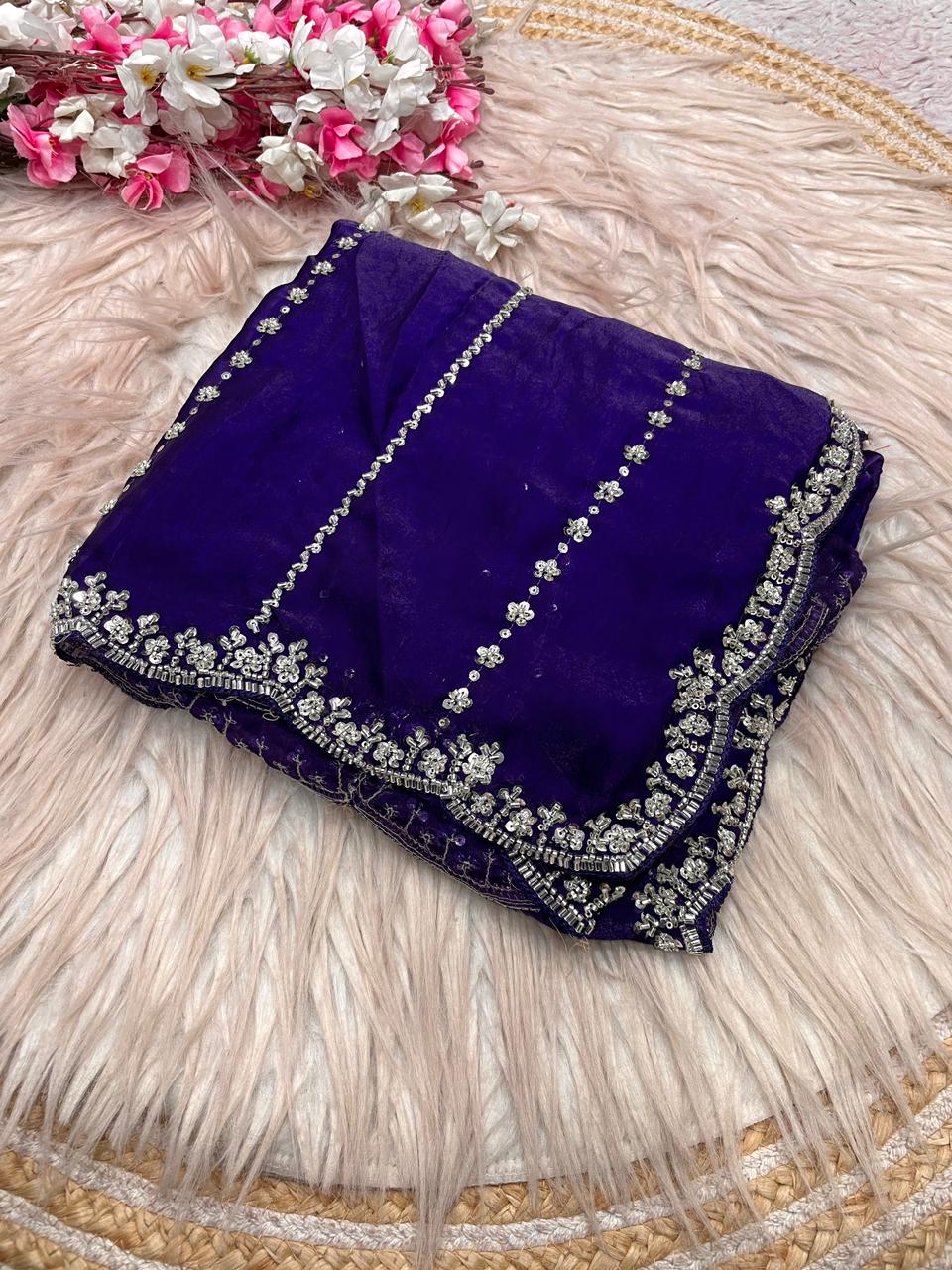 Fendy Satin Space Silk Saree with Premium Beads Handwork