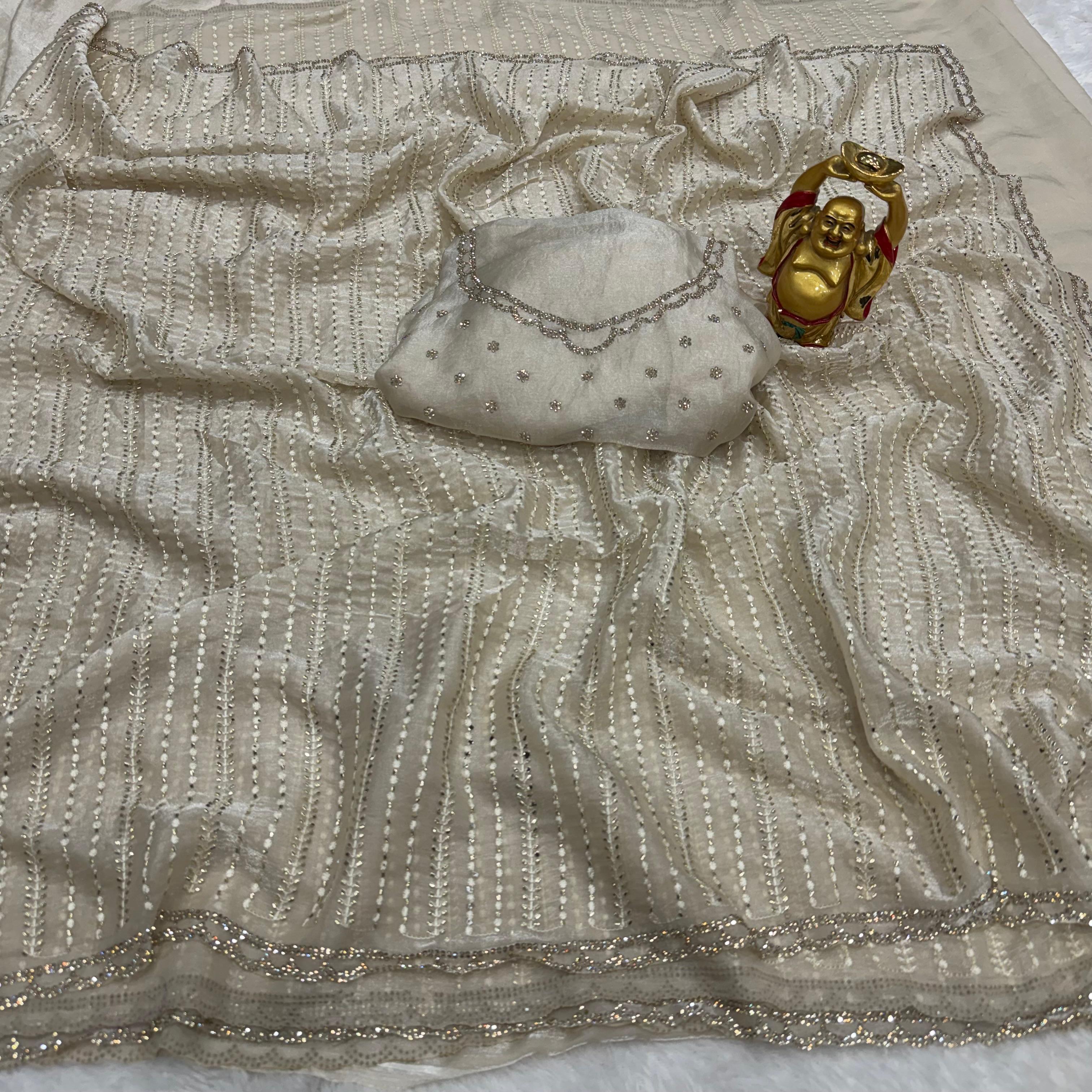Soft Satin Sarees with Beeds Work with Zarkhan Border