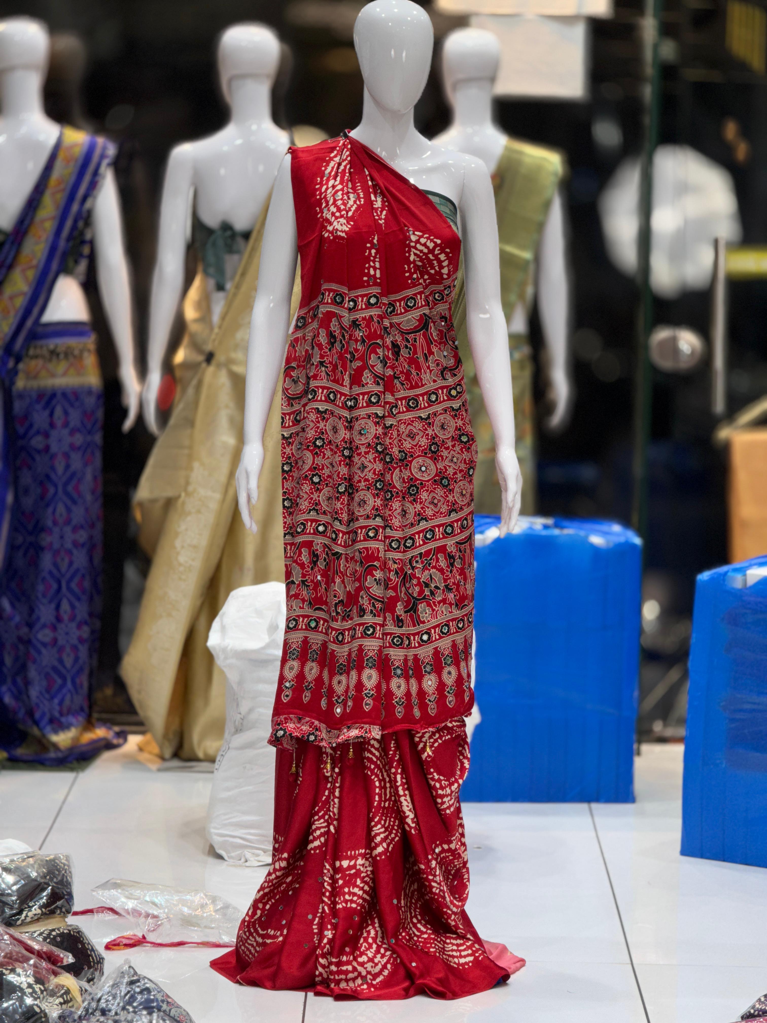 Ajrakh real mirror work sarees