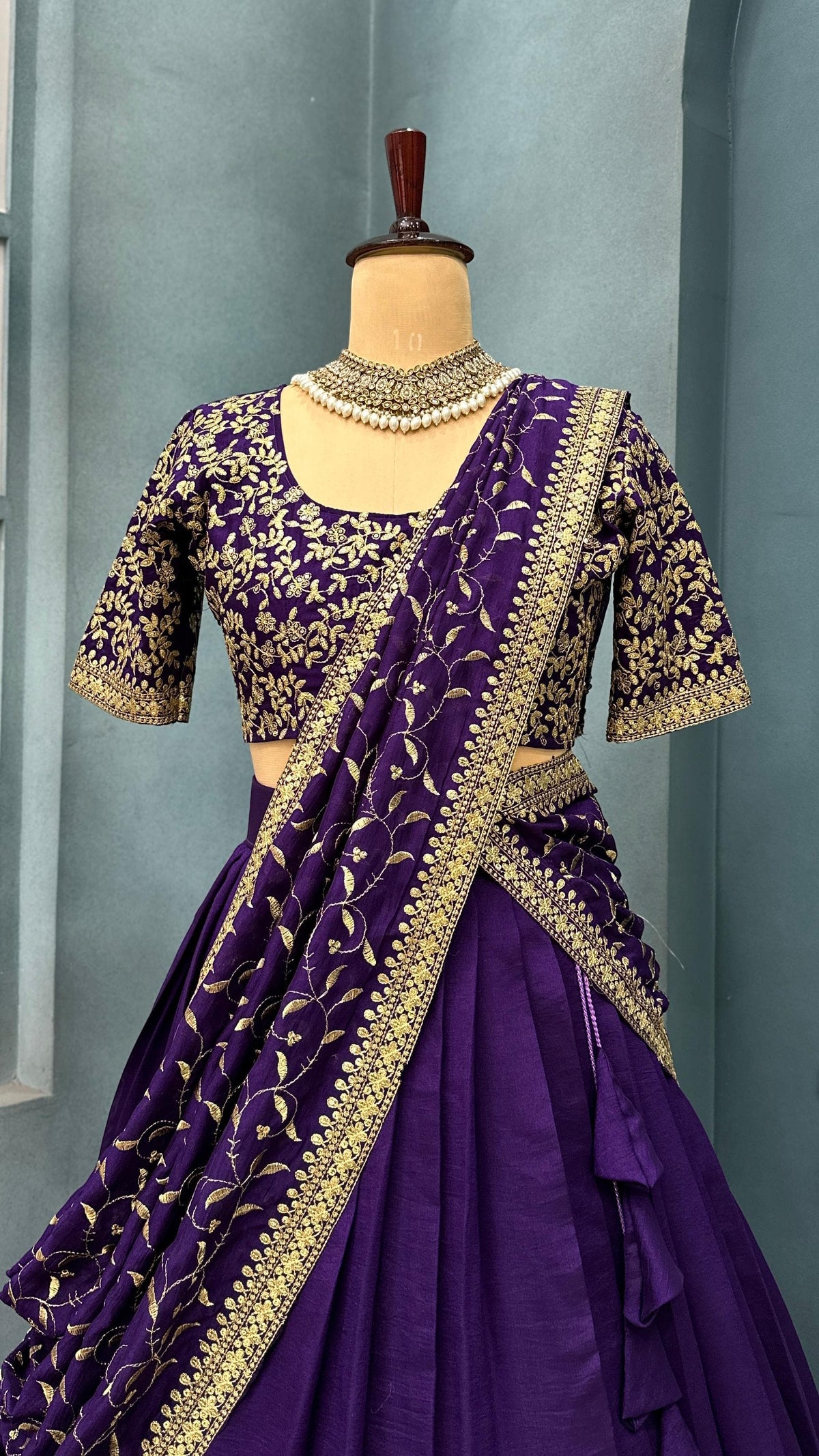 Premium Vichitra Silk with Maggam Work and Fully Stitched Lehangas