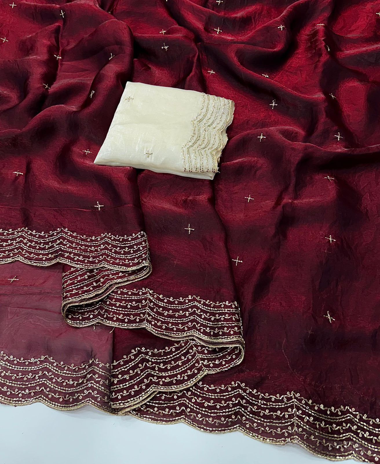 Space Sattin Bits Sequence Work Saree With Contrast Running Blouse