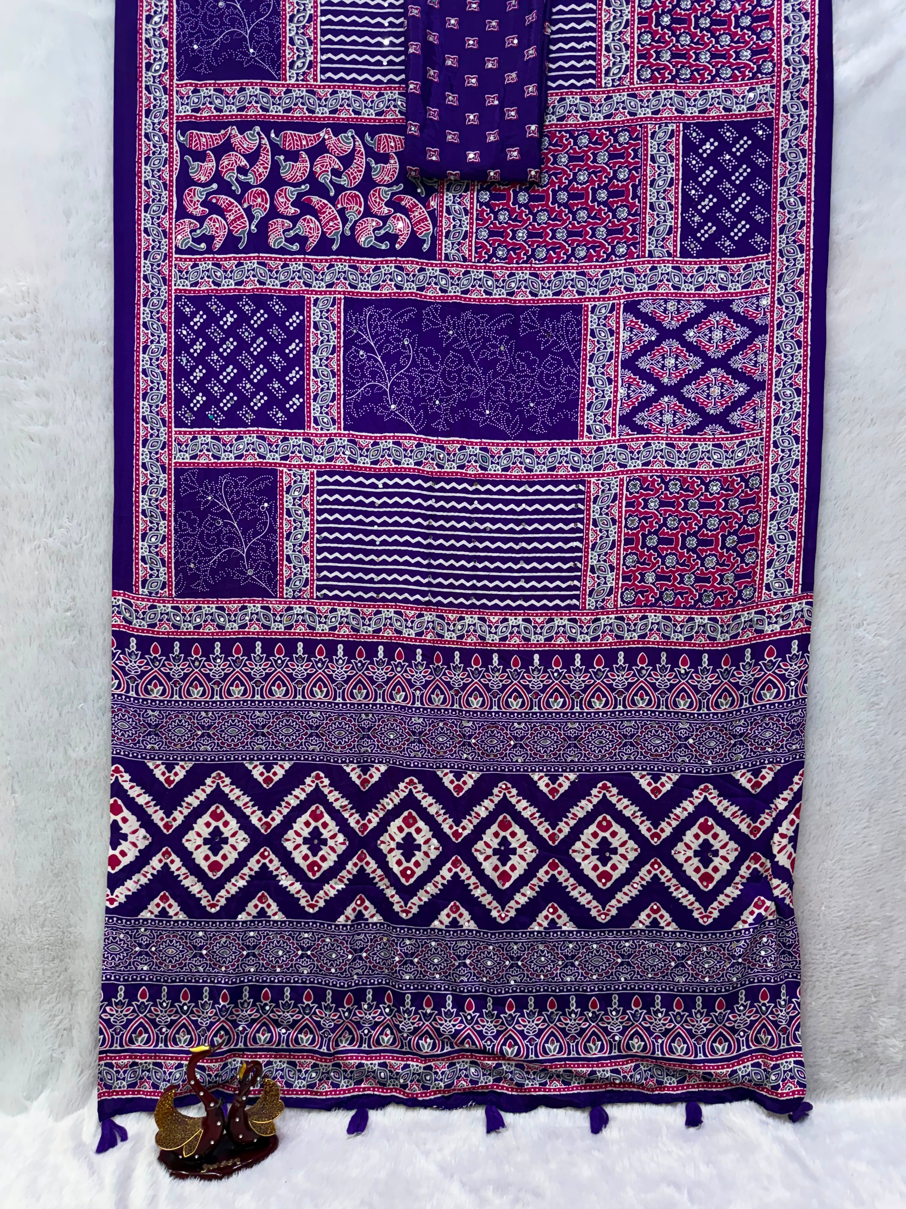 Beautiful Ajarakh Sarees with Real Mirror Work and Latkan