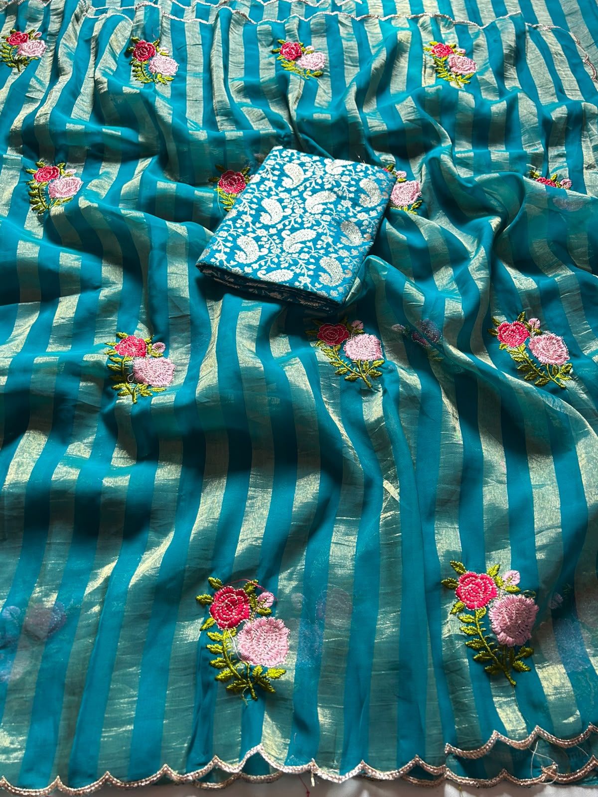 Fabric Sufi Crush Sarees with Embroidery Work all over and saree less border with beautiful cut work border