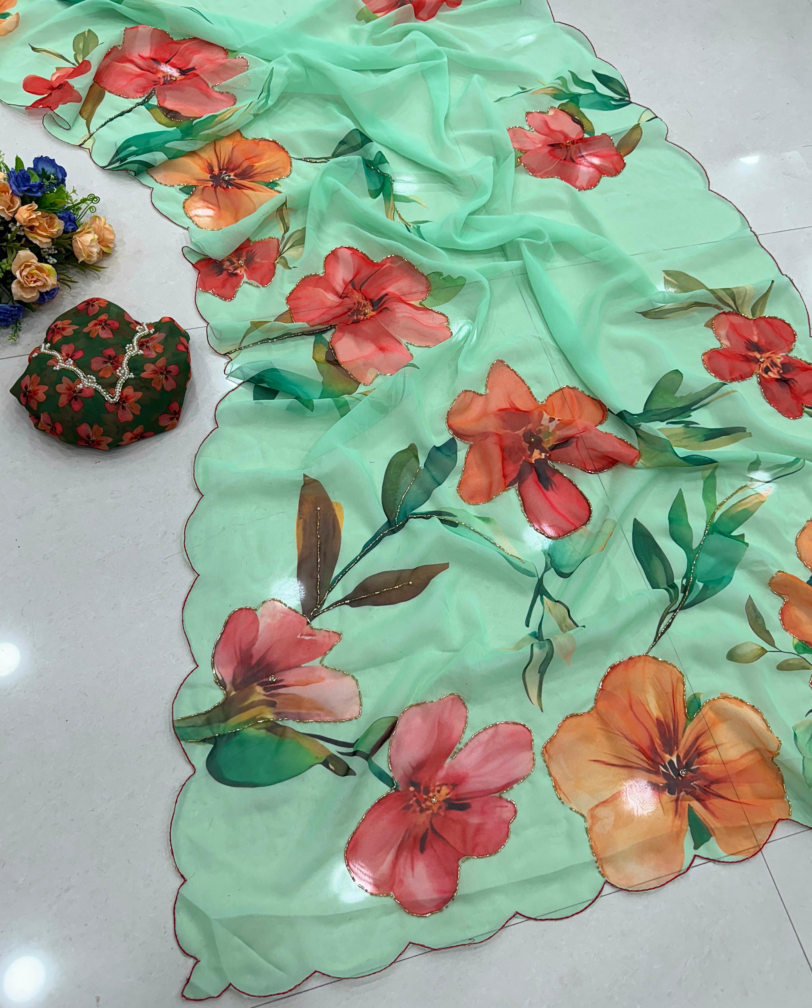 Chiffon floral saree with cutdana work