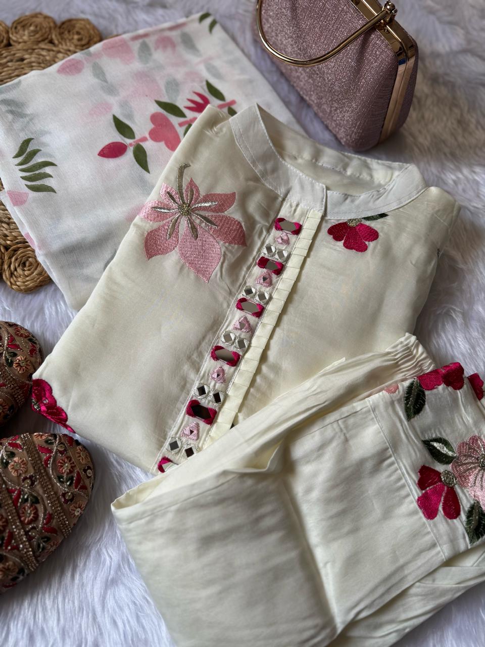 Cream Premium Designer Kurti Set