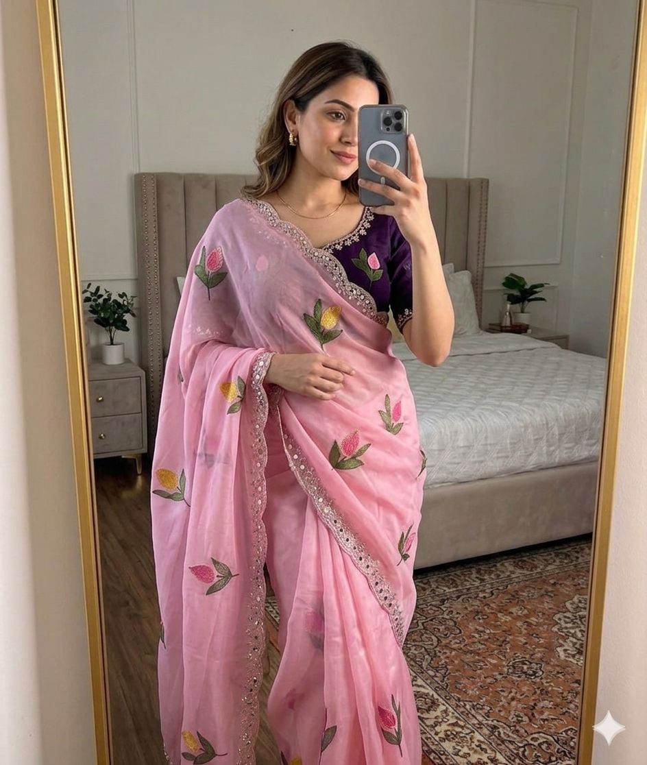 Star Georgette Silk Saree with allover Embroidery Work