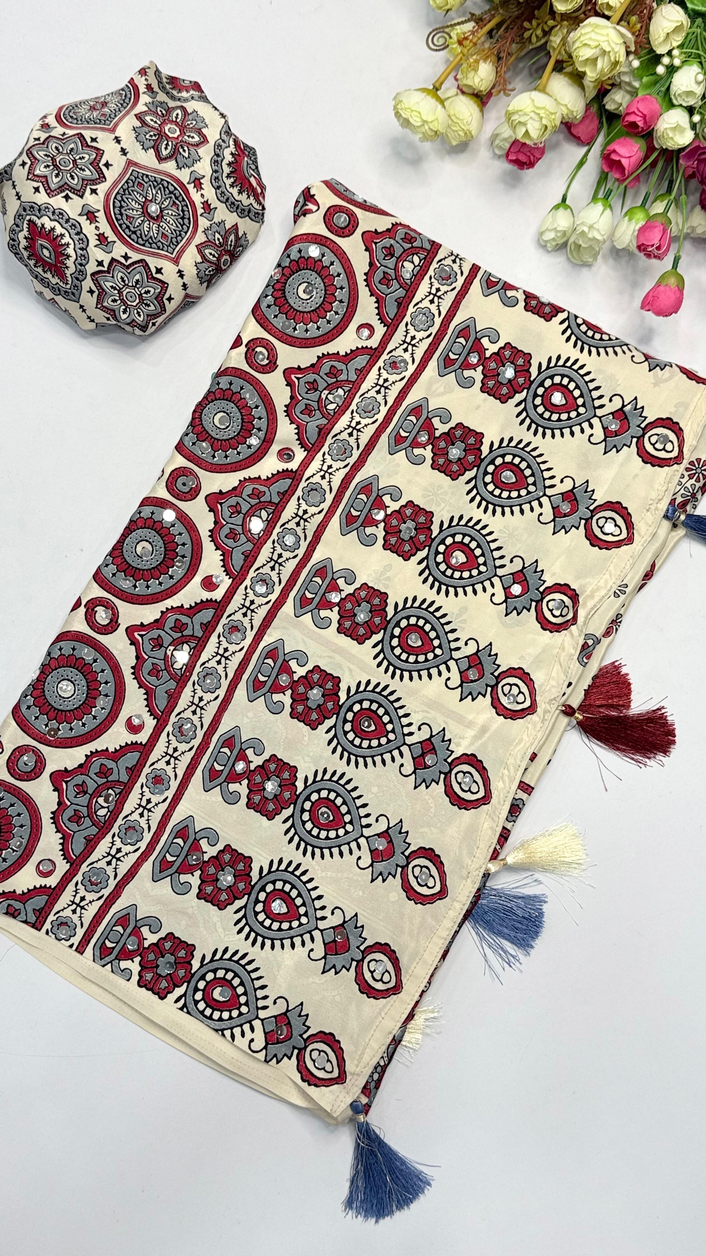 Ajrakh Saree with All Over Mirror Work