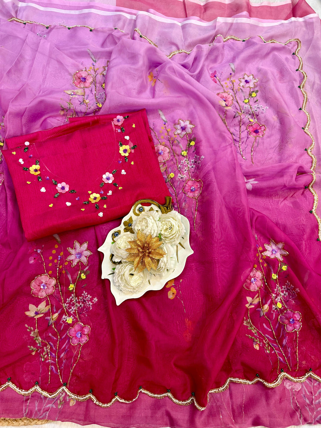 Pure Soft Tebby Silk Saree with Cutdana & Sequence Handwork