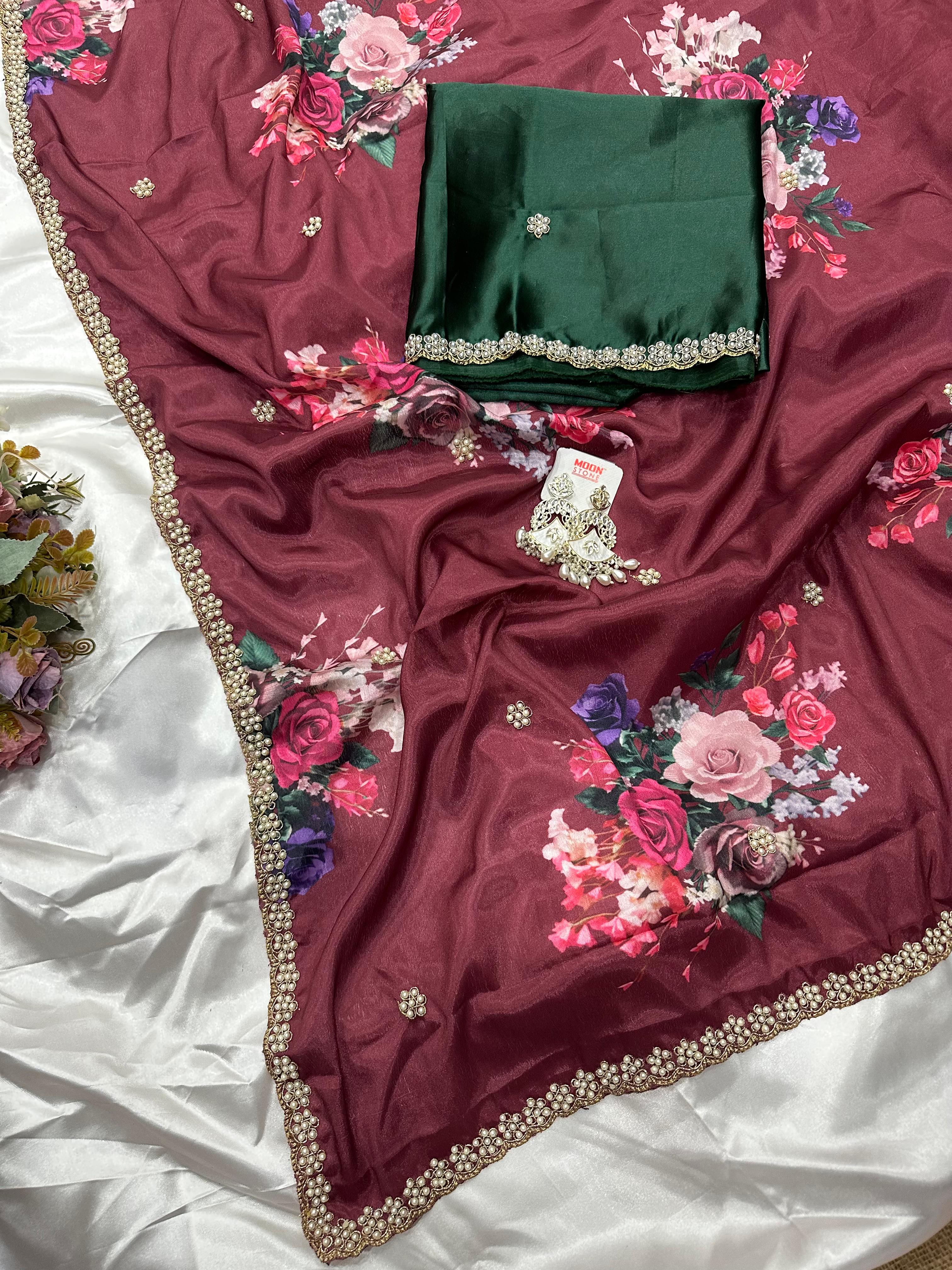 Chinnon Saree with Floral Designs & Moti Work