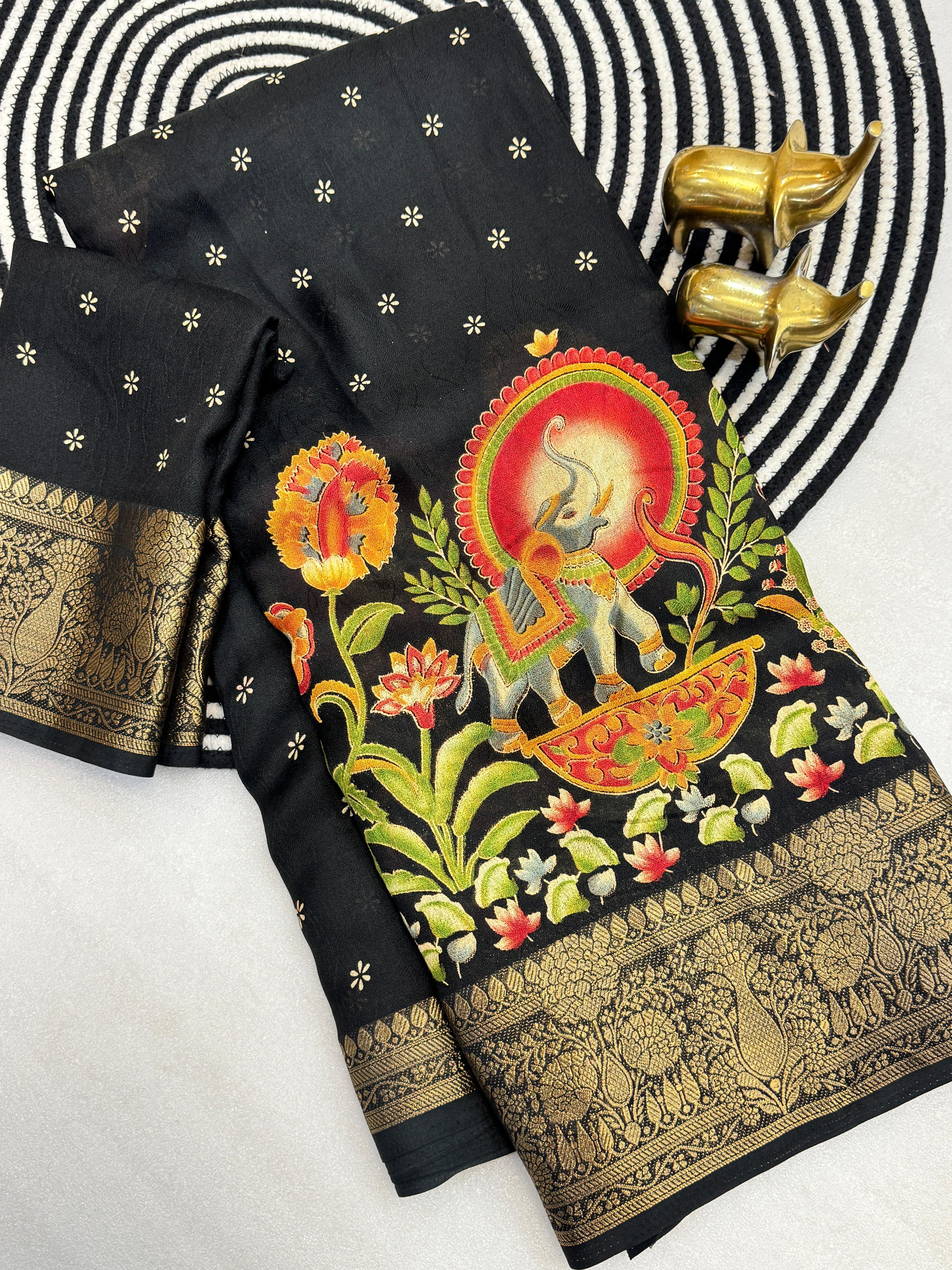 MASSMELLO SELF JEQURED SAREE HEAVY JEQ BORDER KALMKARI PRINT SAREE 
