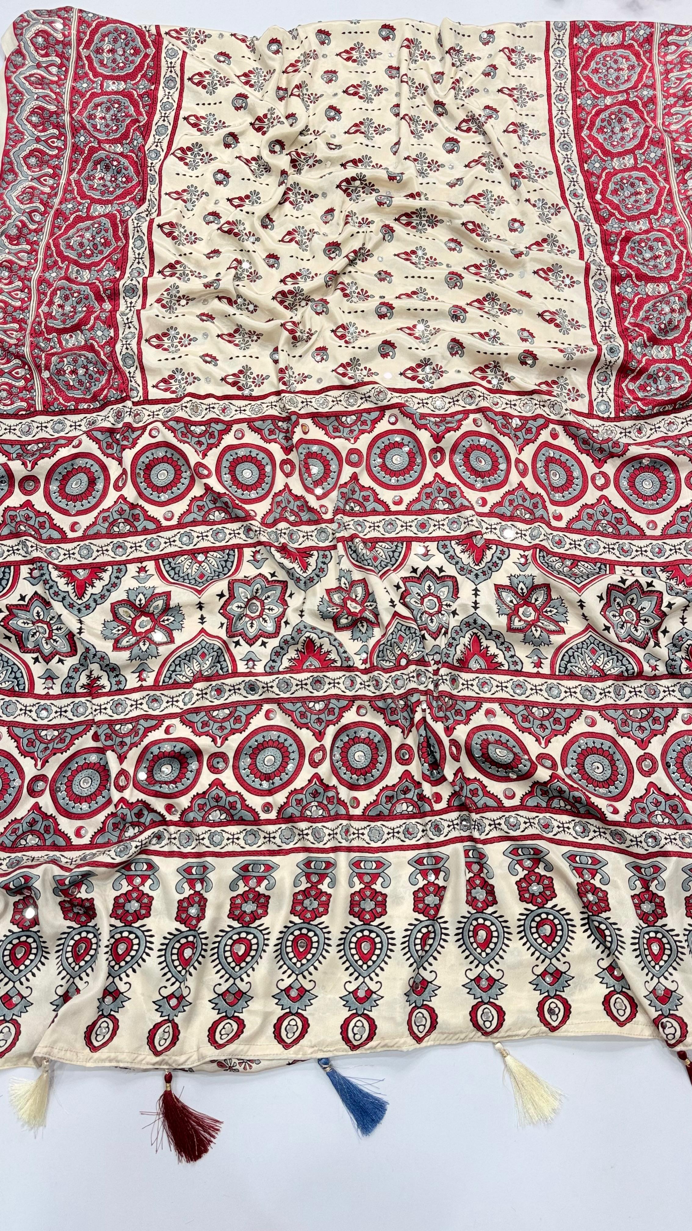 Ajrakh Saree with All Over Mirror Work