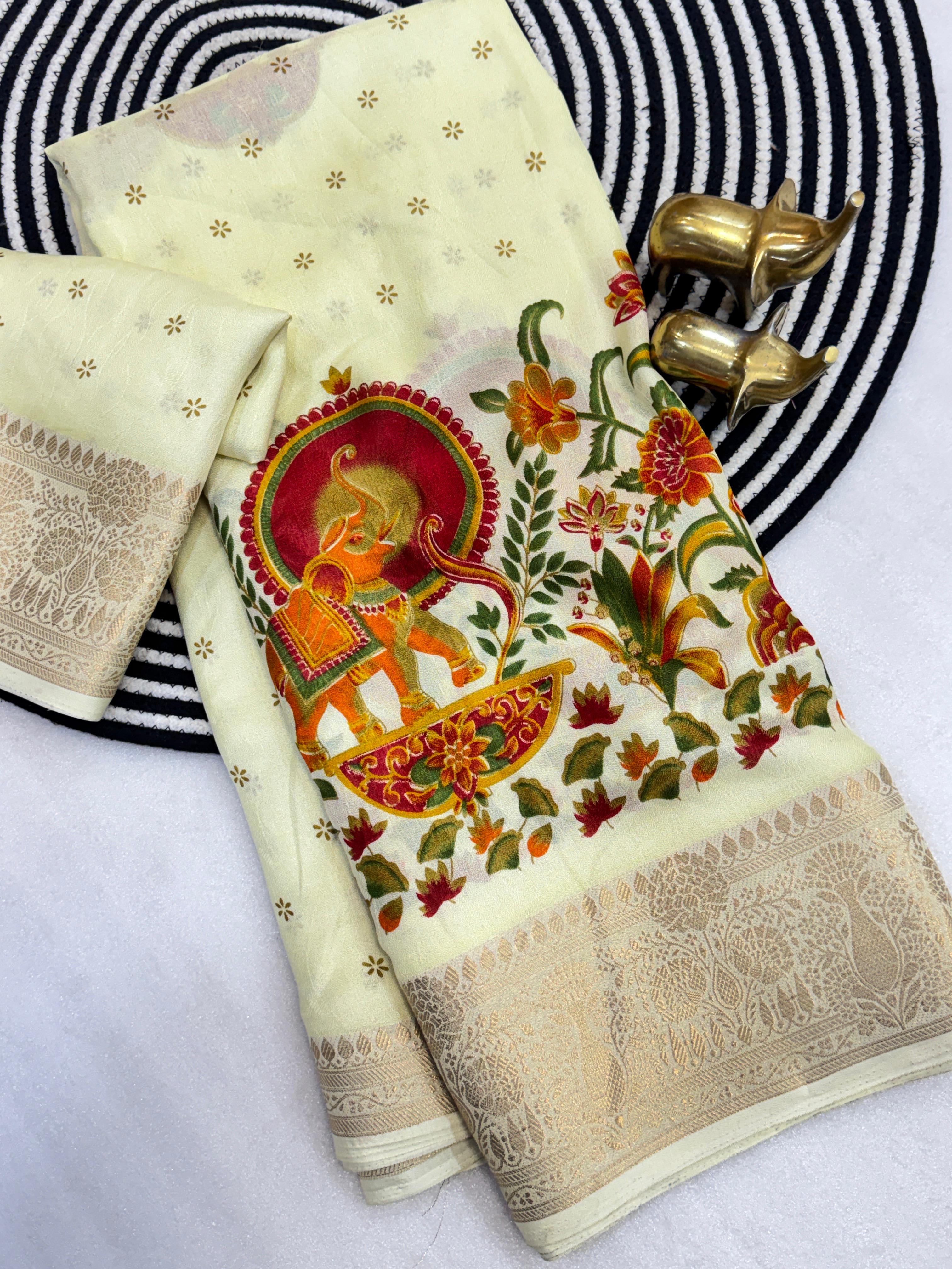 MASSMELLO SELF JEQURED SAREE HEAVY JEQ BORDER KALMKARI PRINT SAREE 
