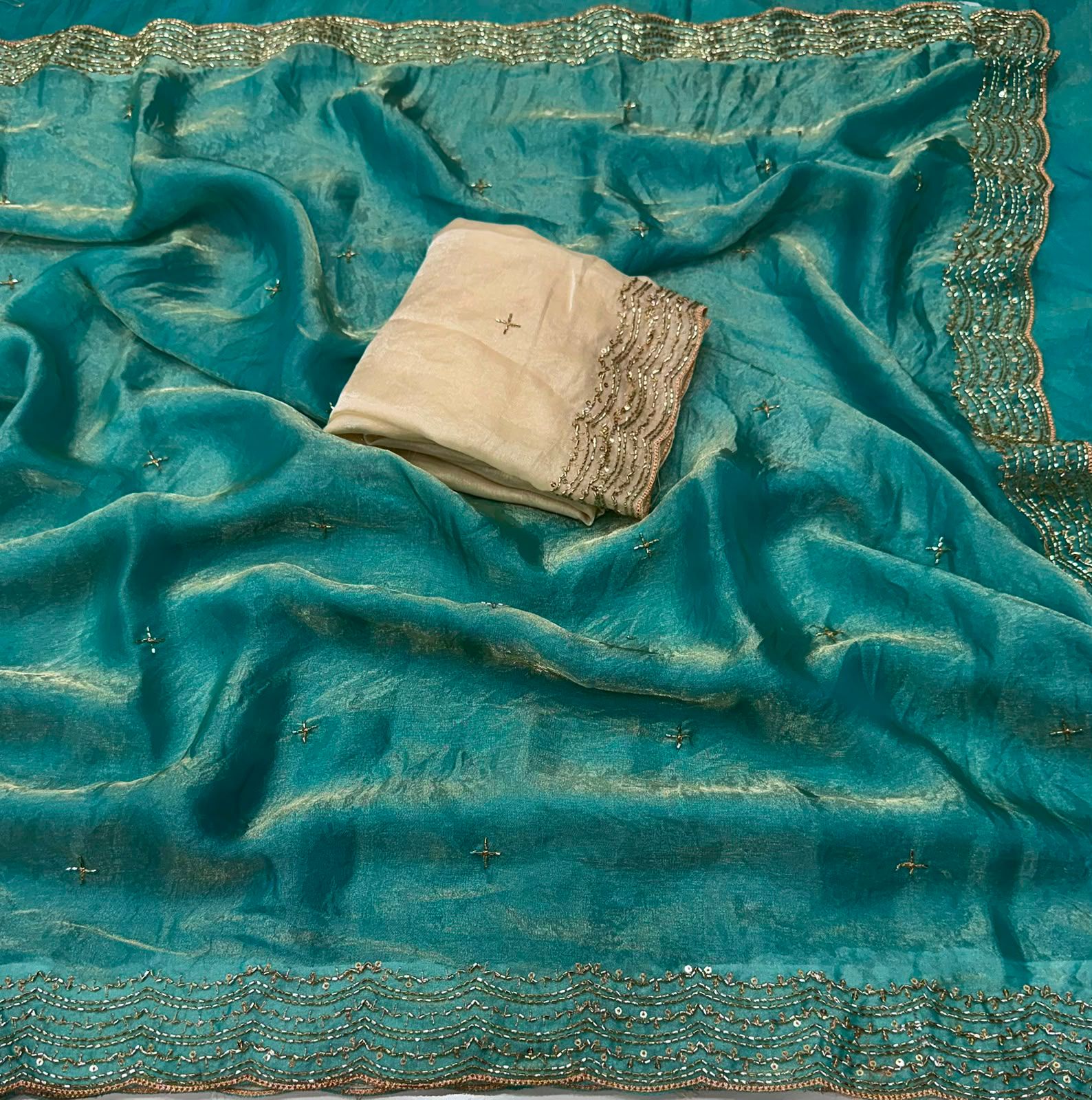 Space Sattin Bits Sequence Work Saree With Contrast Running Blouse