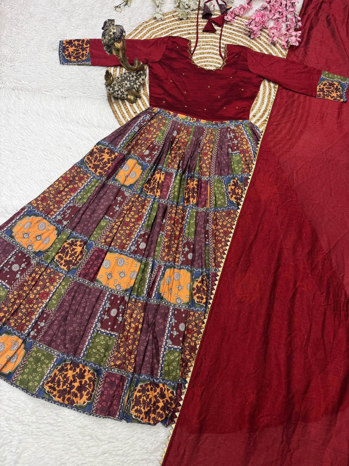 Vichitra Silk and Muslin Gown with Handwork & Duppata with Lace Border