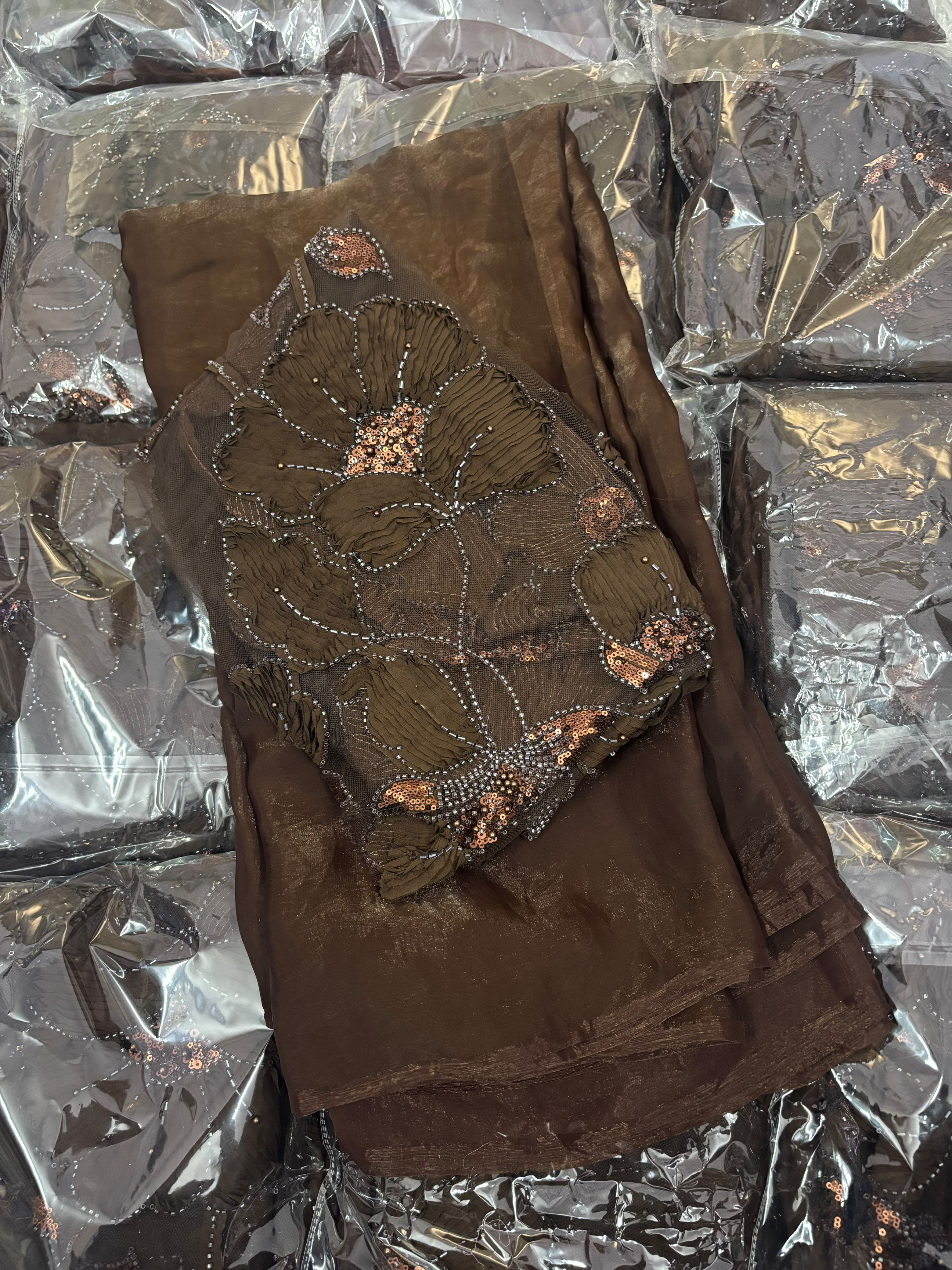 Beautiful Designer Saree in Coffee Color with Ribbon Beads Designer Worked Blouse