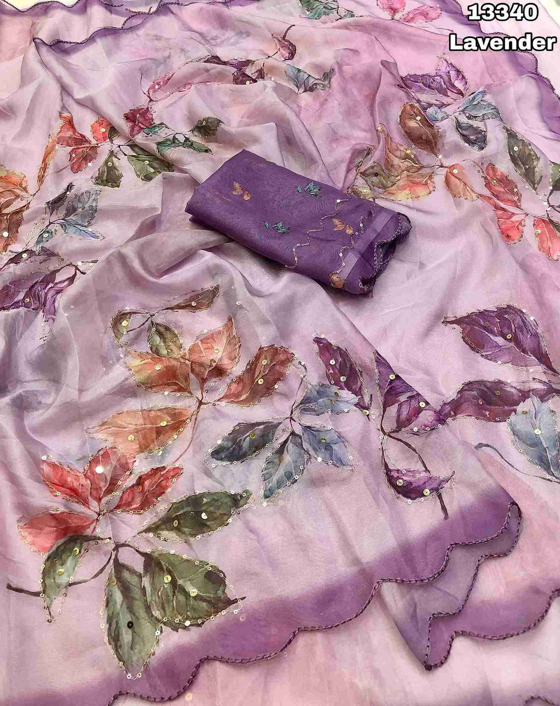 Tebby Organza Floral Leaf Design With Embroidery & Sequence Work & Scalloped Cutwork Border