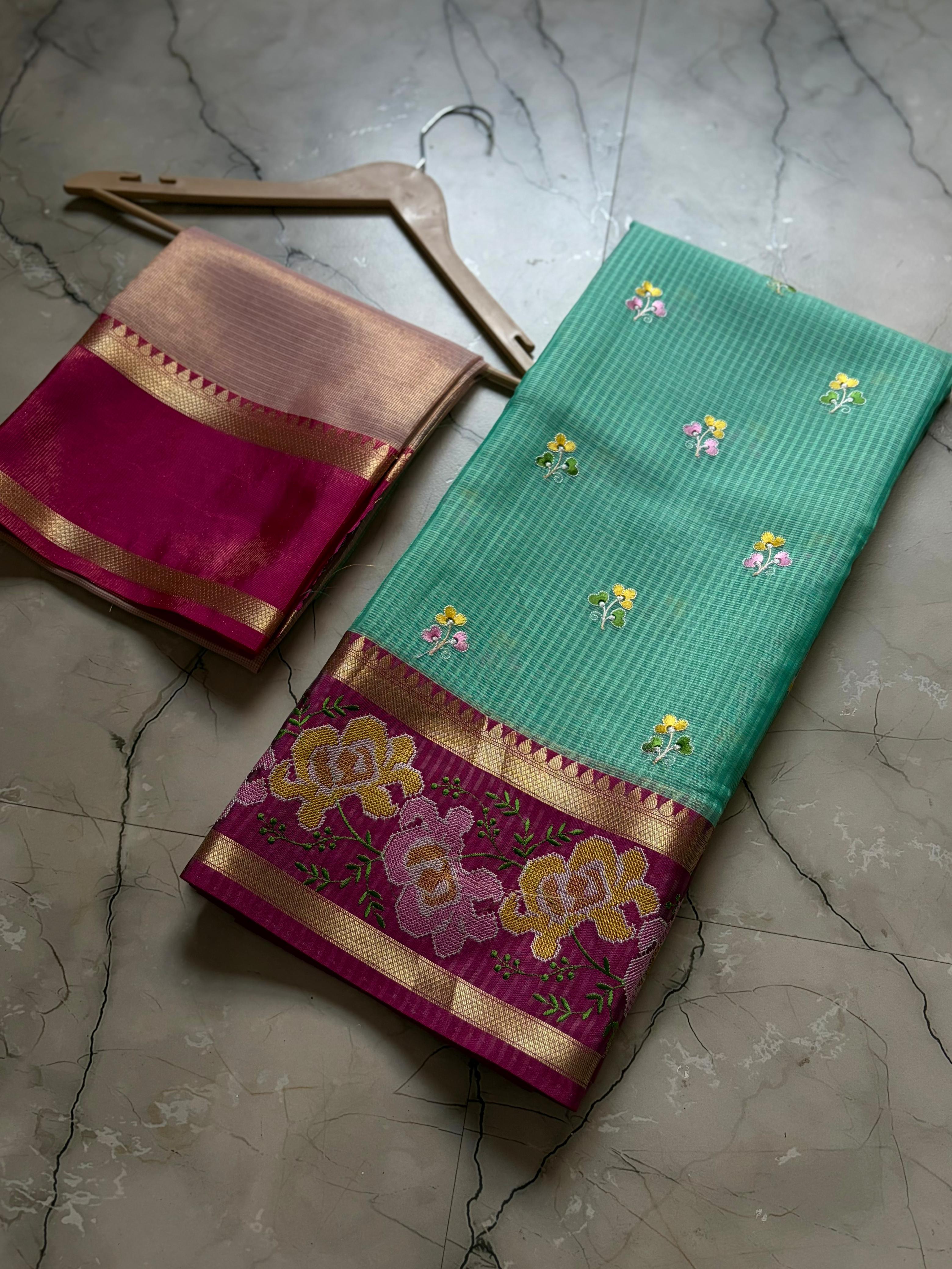 Banarasi Embroidery Pink Border Designer Kota Checks Sarees