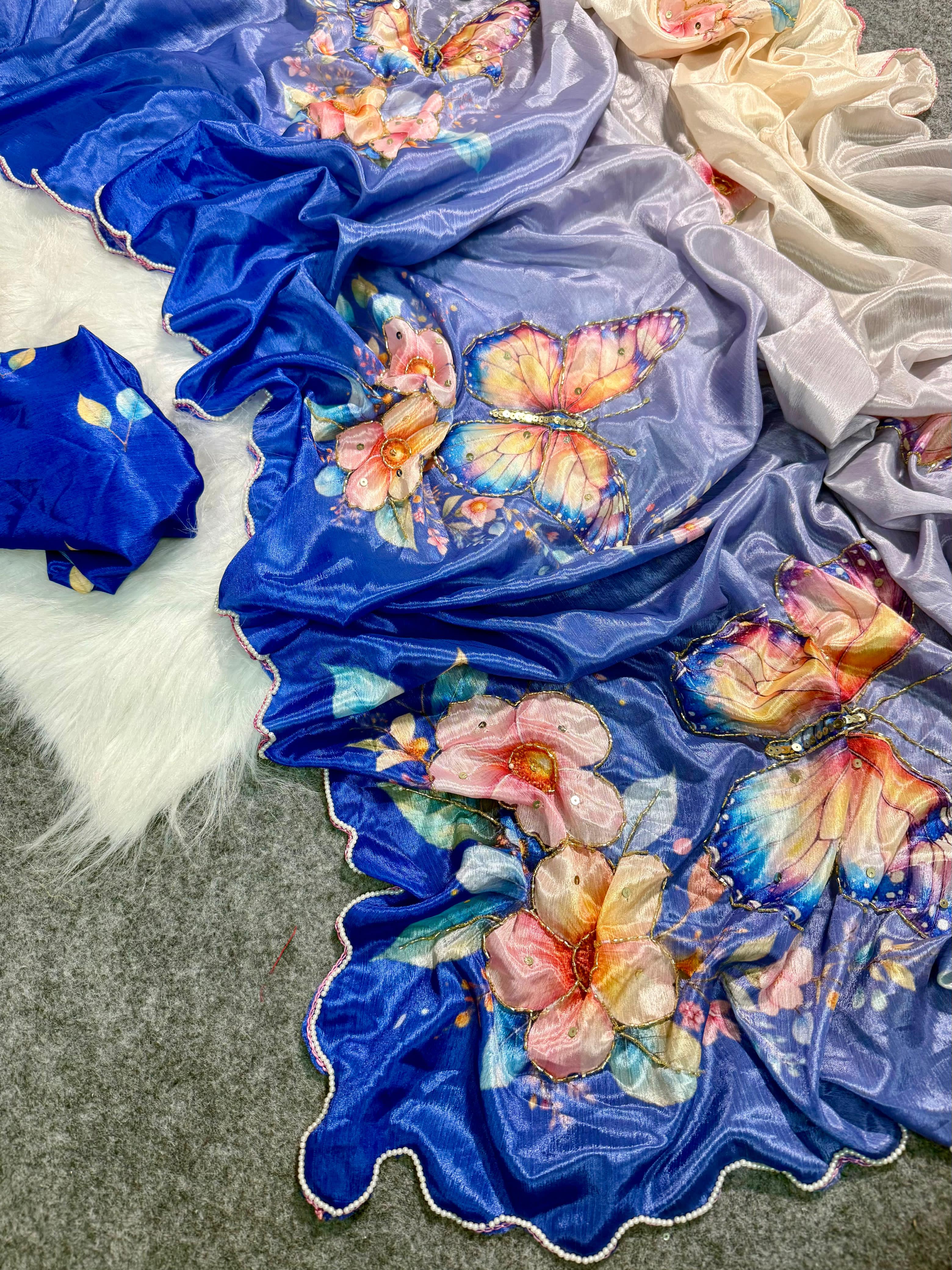 Soft Georgette Malai Silk with Beautiful Floral & Butterfly Design with Cutdana Work