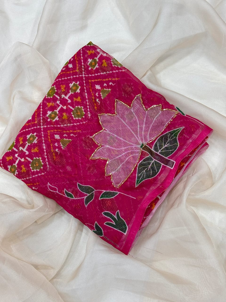 Soft Tebby Silk with Digital Floral Design with Beautiful Katdana Handwork
