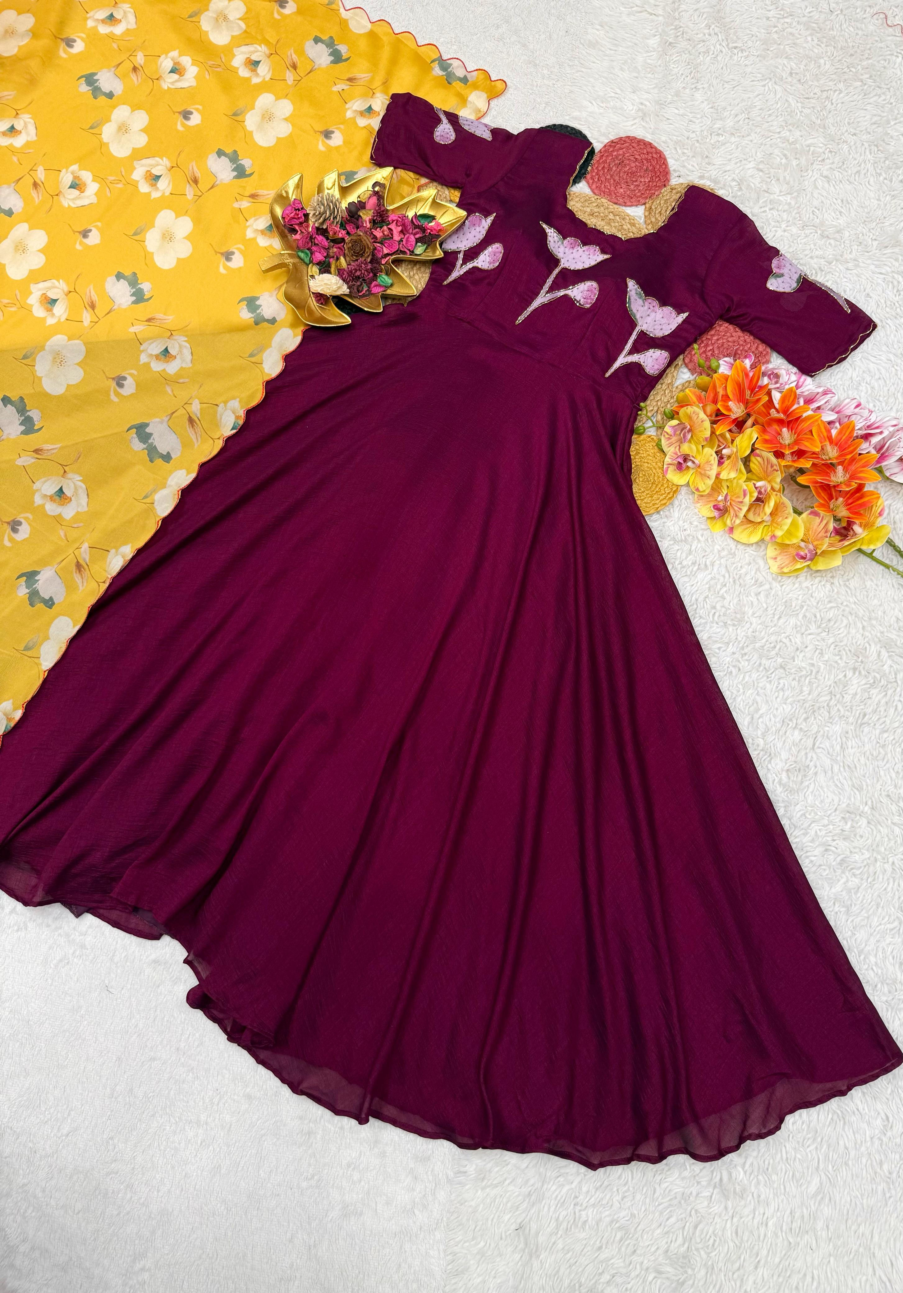 Beautiful Vichitra Hand painted Maggam Work Gown with Dupatta