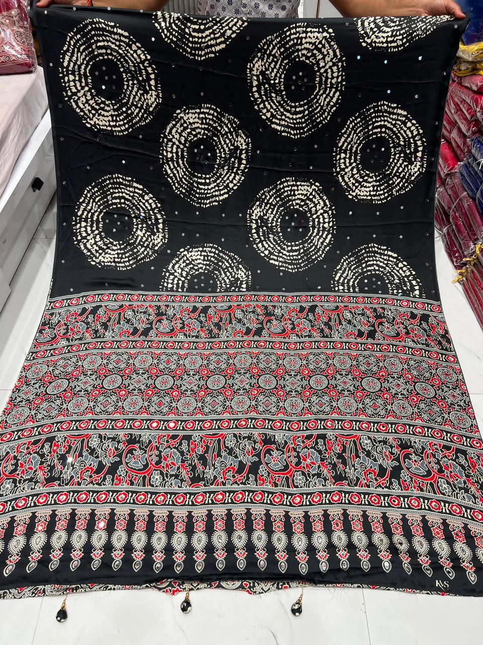 Ajrakh real mirror work sarees