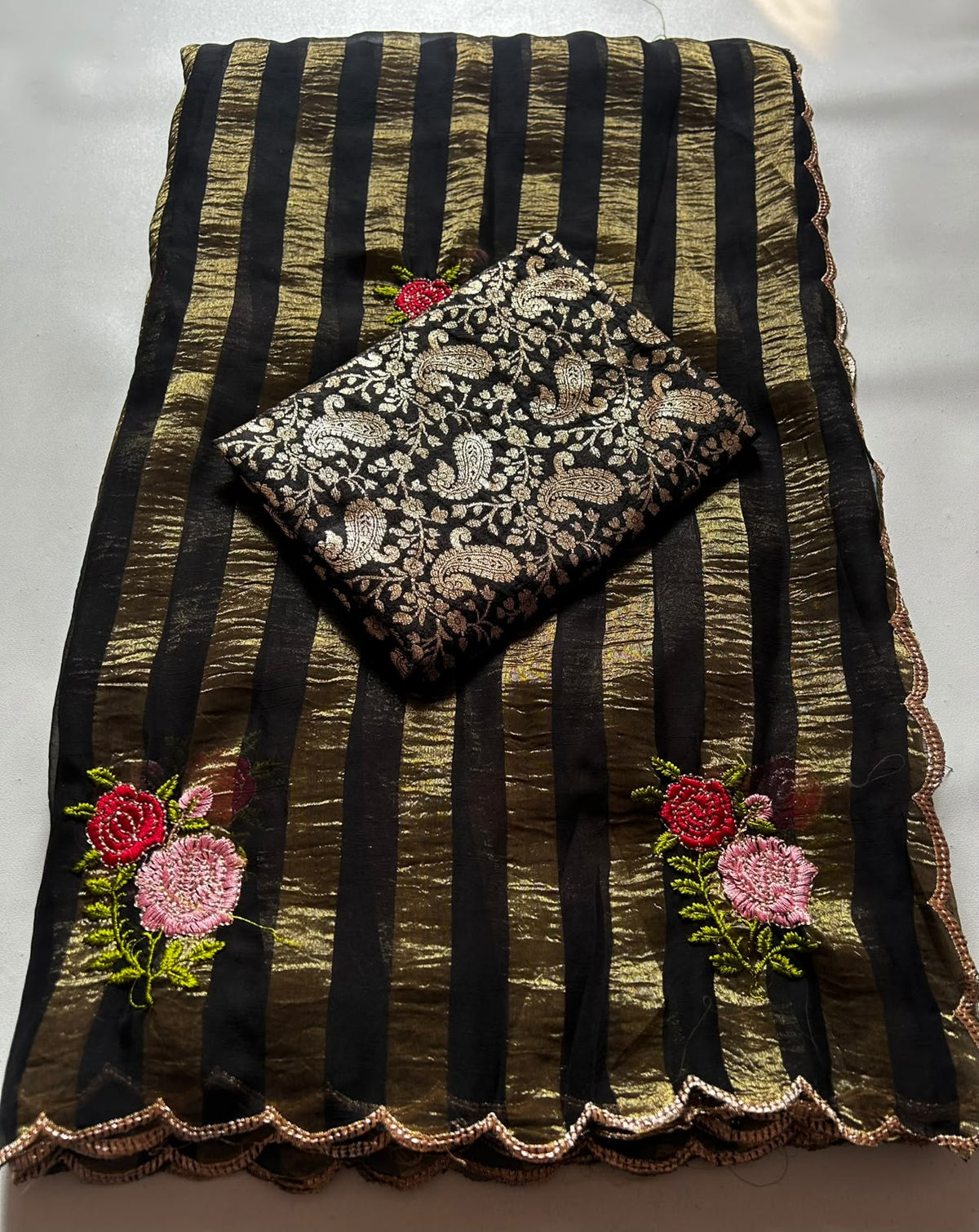 Fabric Sufi Crush Sarees with Embroidery Work all over and saree less border with beautiful cut work border