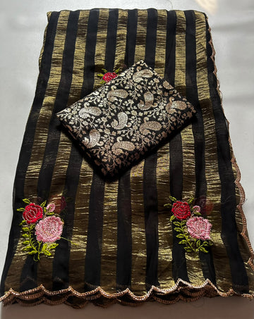 Fabric Sufi Crush Sarees with Embroidery Work all over and saree less border with beautiful cut work border
