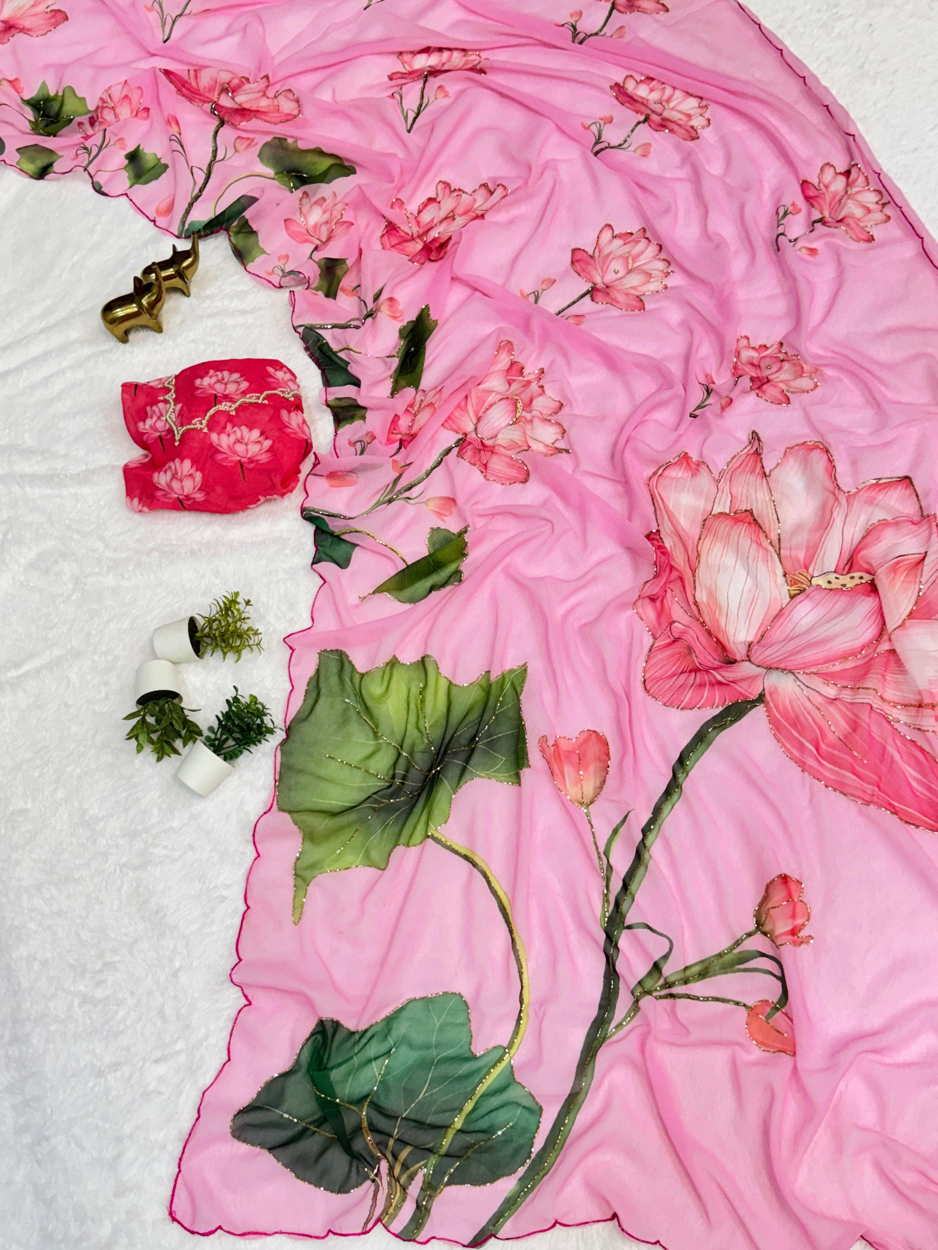 Chiffon Floral Digital Print with Beautiful Handwork and Arco Lace Border