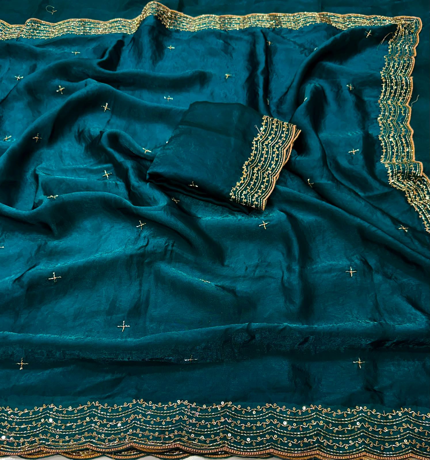 Space Sattin Bits Sequence Work Saree With Contrast Running Blouse