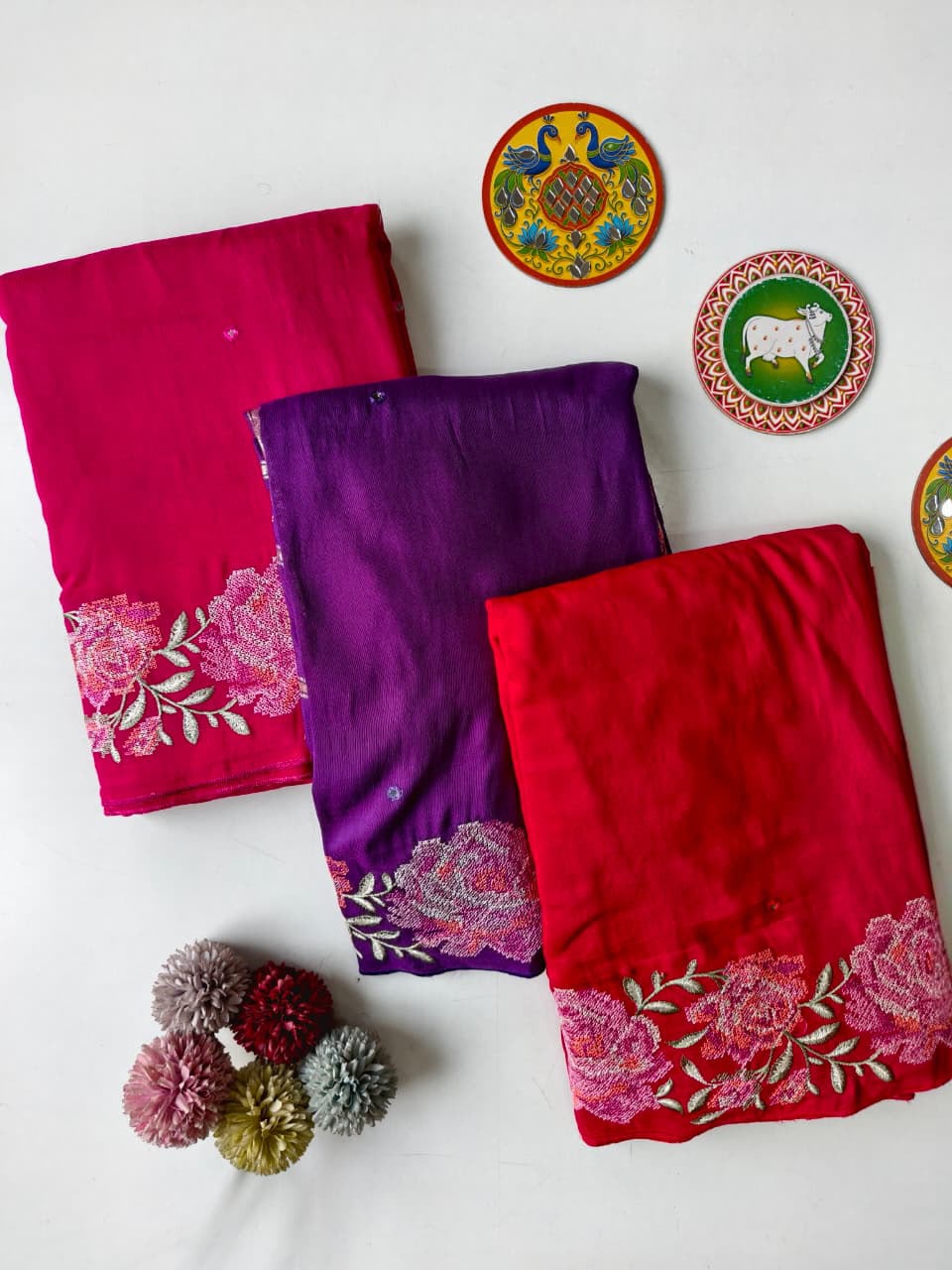 Pure Soft Dola Sarees with beautiful cross stitch & Aari Mirror Work