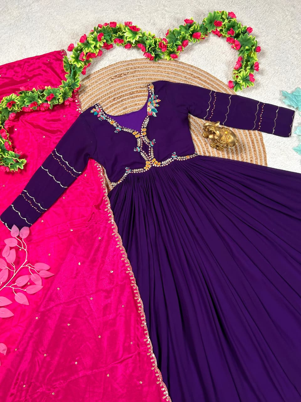 Purple Maggam Work Anarkali Dress with Duppata