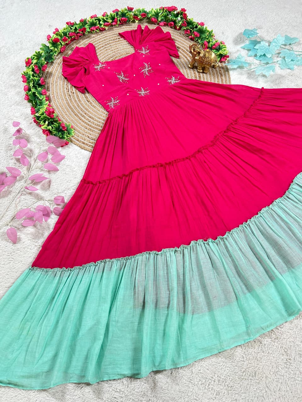 Beautiful Mul Chanderi Frocks Stitched with Maggam Work & Beautiful Sleeves