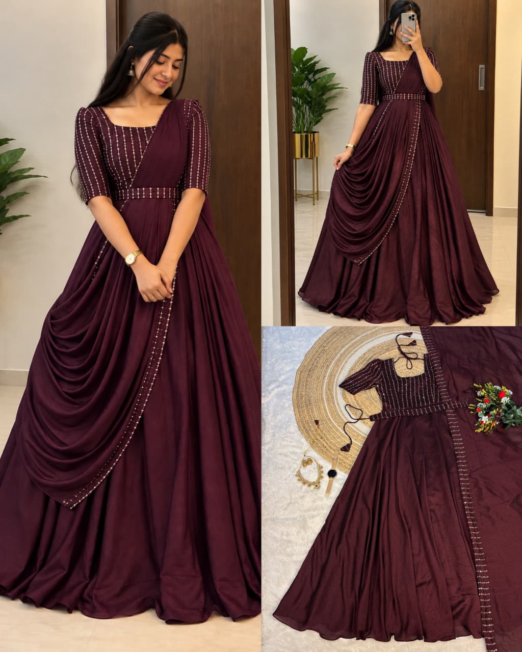 Premium Blooming Vichitra Silk Gown+Duppata with Sequence and Beads work