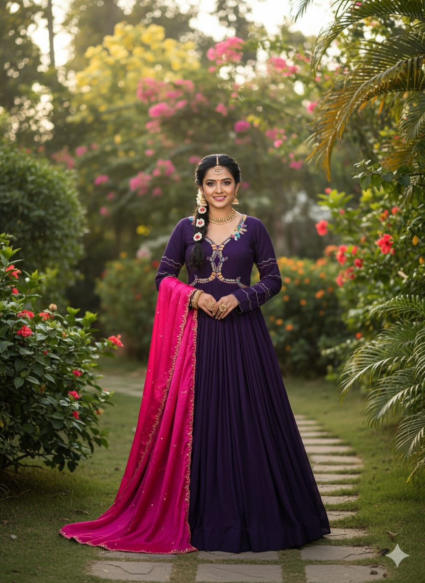 Purple Maggam Work Anarkali Dress with Duppata