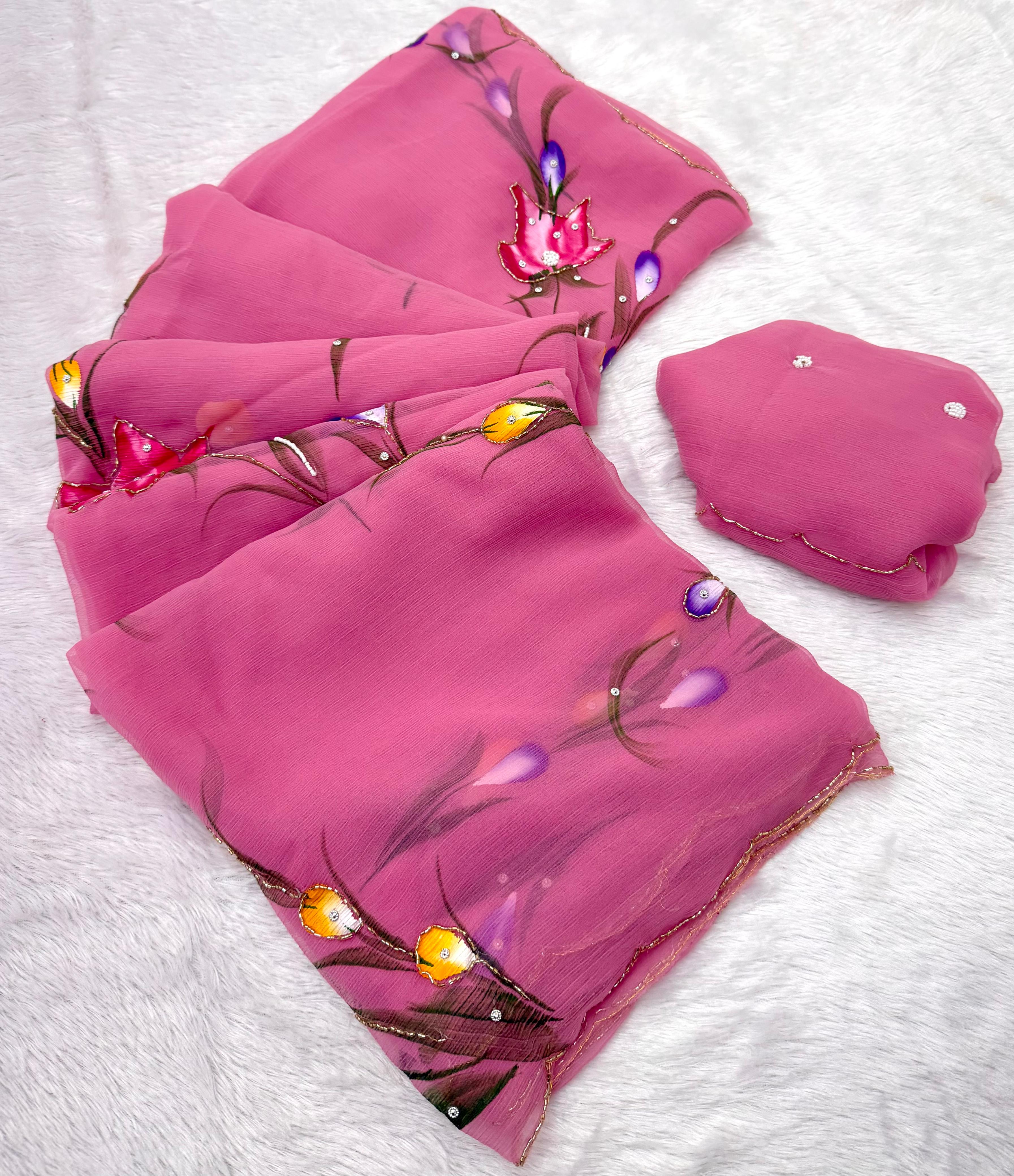 Soft Pure Chiffon Handwork Light Weight Sarees