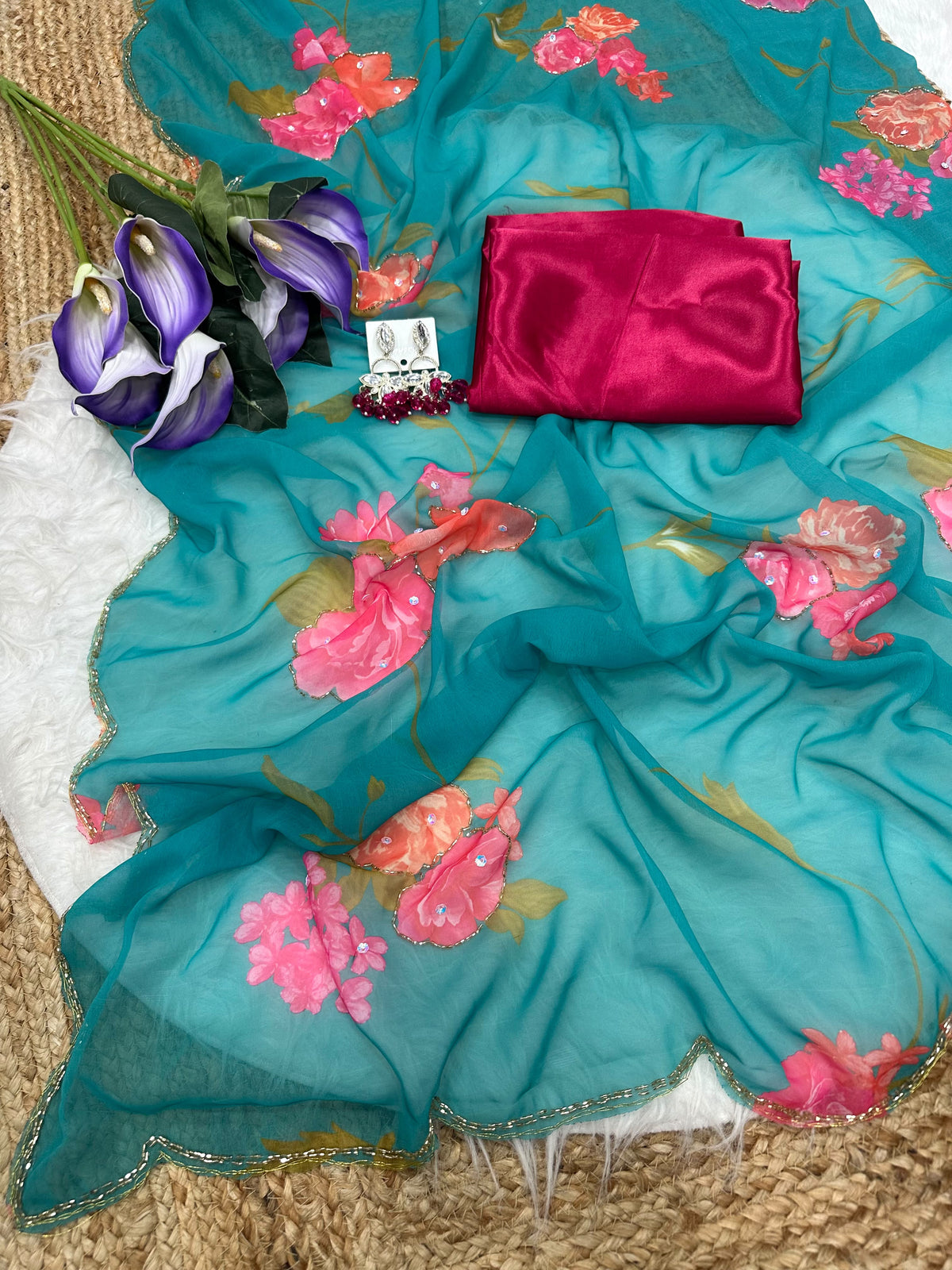 Soft Georgette Sarees with Digital Print & Designer Valmoti Handwork