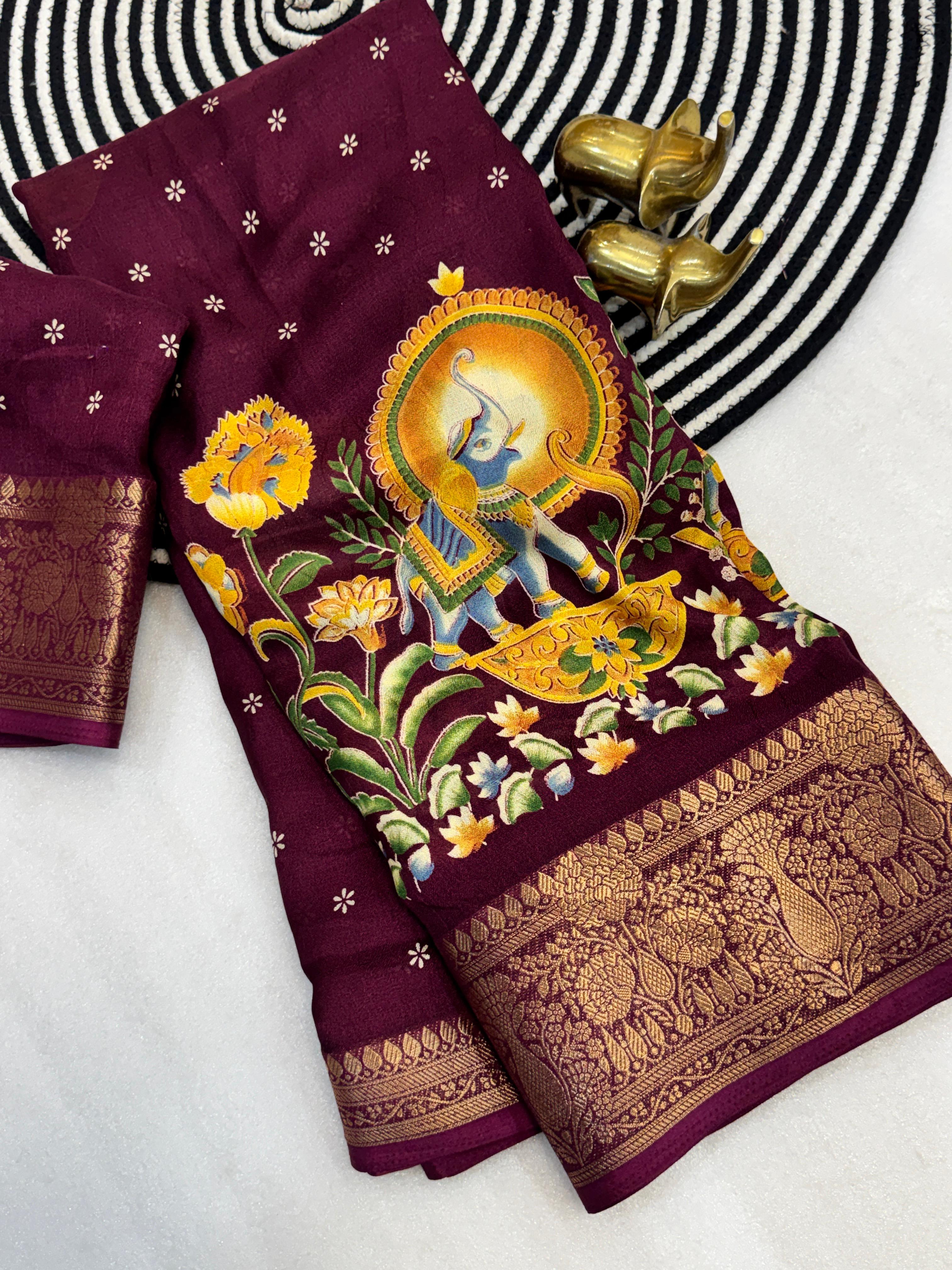 MASSMELLO SELF JEQURED SAREE HEAVY JEQ BORDER KALMKARI PRINT SAREE 
