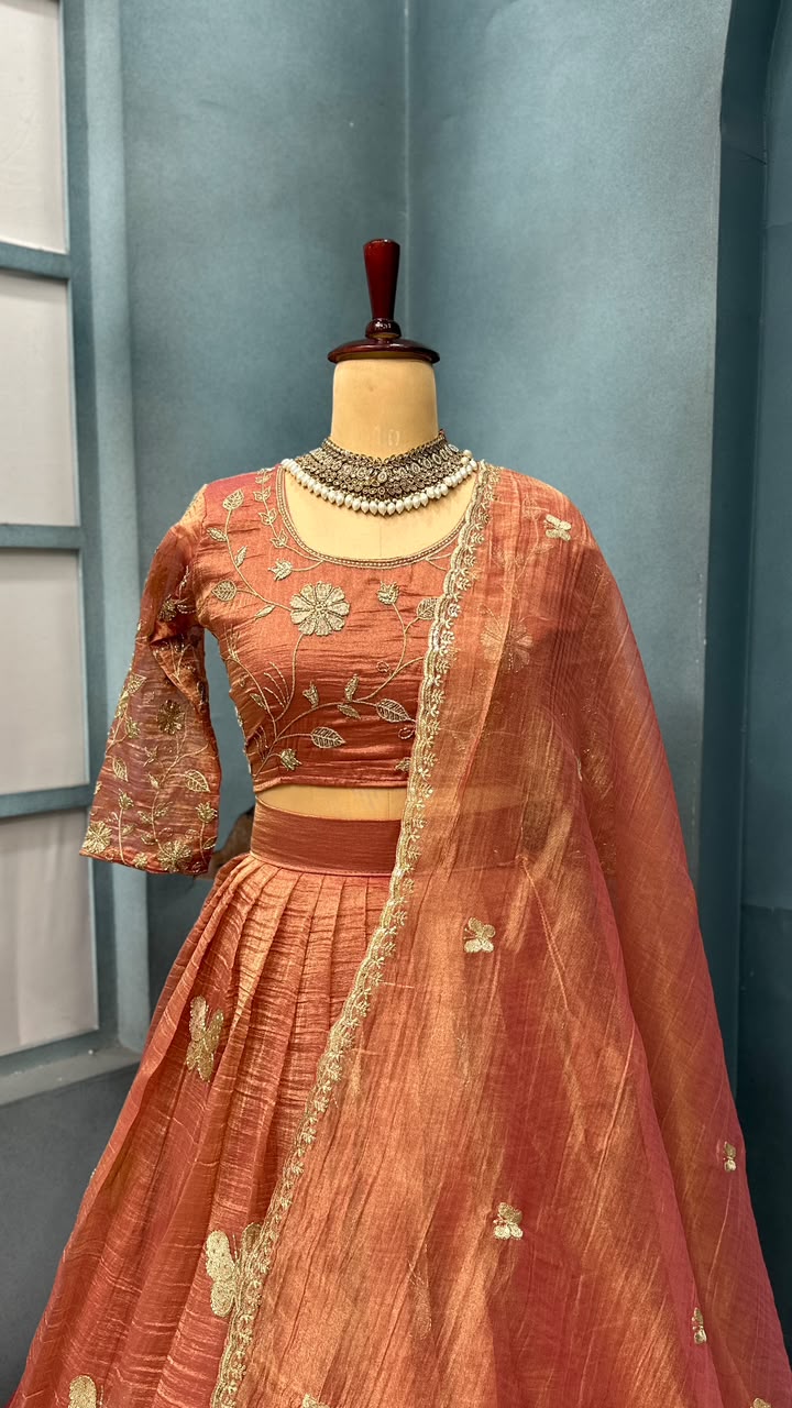 Premium Salsa Silk Fully Stitched Lehenga Set with Elegant Butterfly Maggam Embroidery
