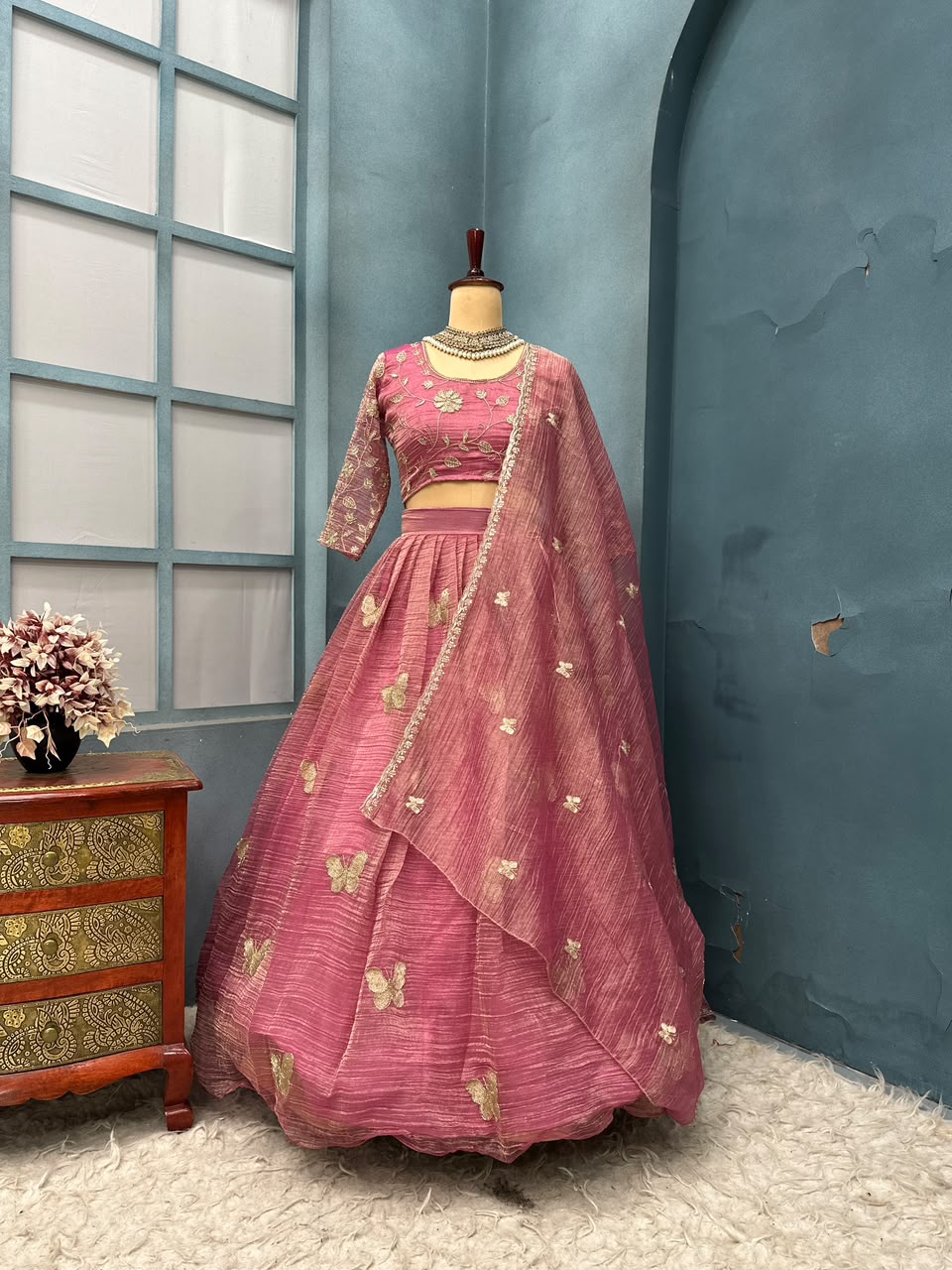 Premium Salsa Silk Fully Stitched Lehenga Set with Elegant Butterfly Maggam Embroidery