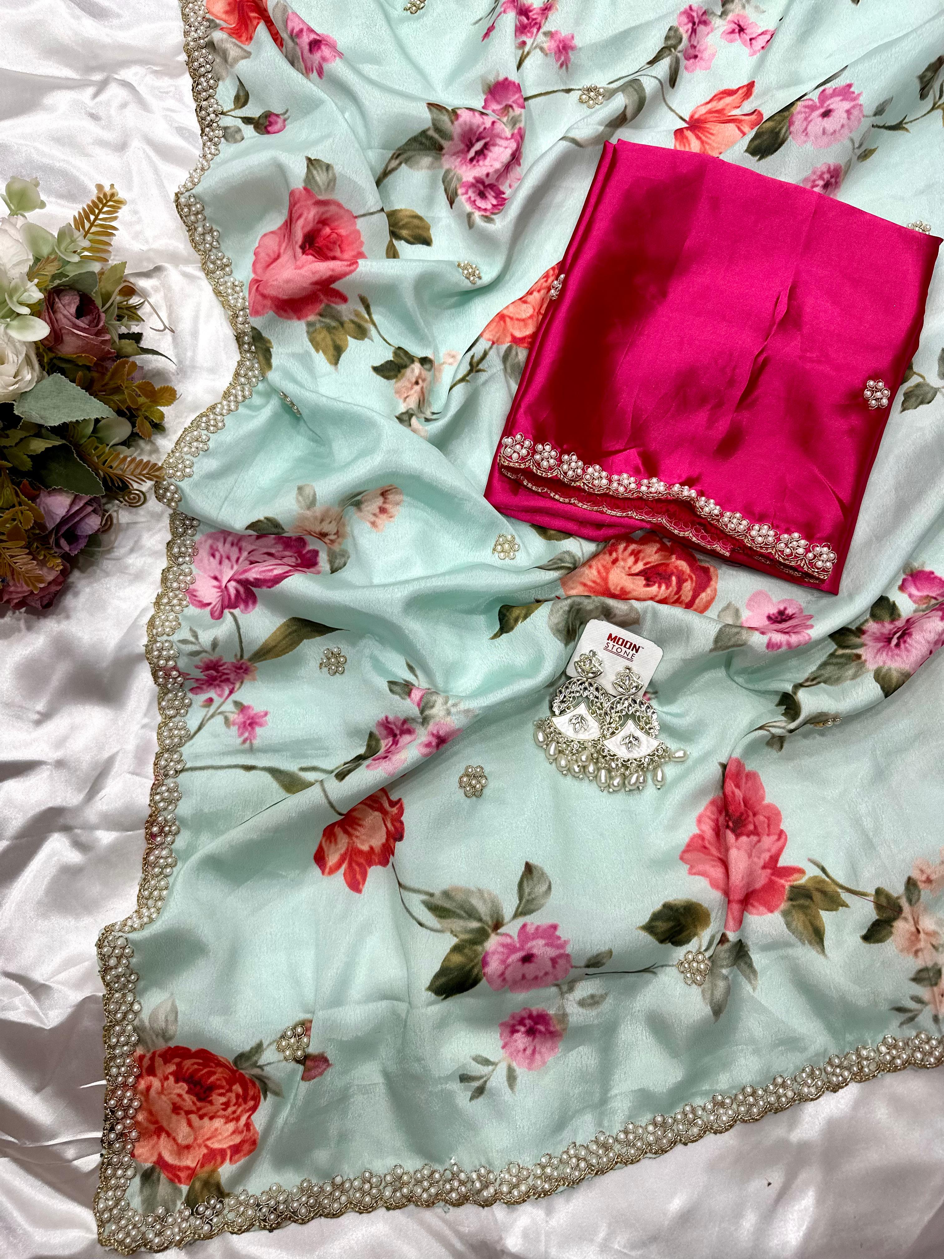 Chinnon Saree with Floral Designs & Moti Work