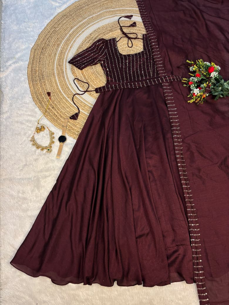 Premium Blooming Vichitra Silk Gown+Duppata with Sequence and Beads work