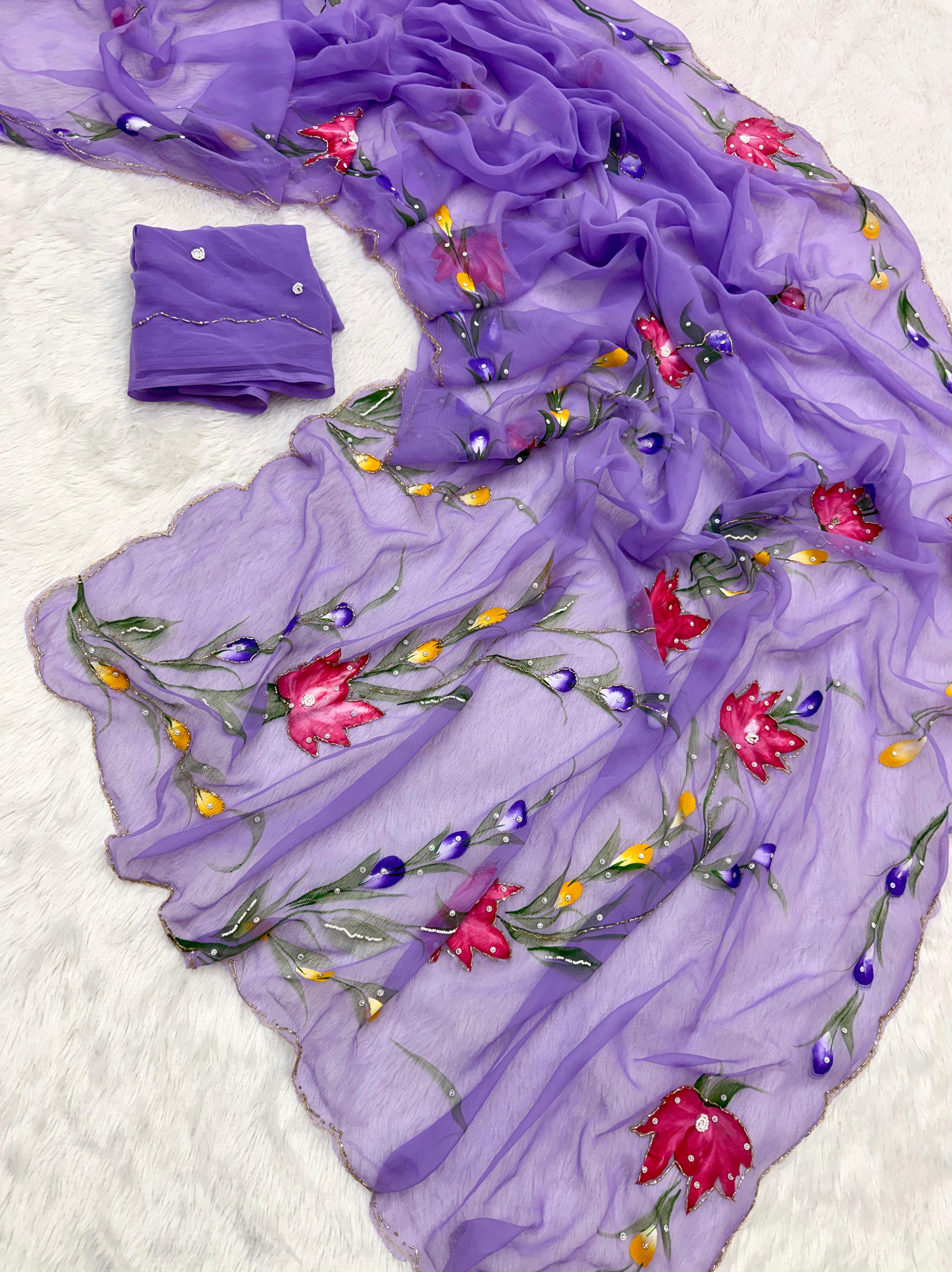 Soft Pure Chiffon Handwork Light Weight Sarees