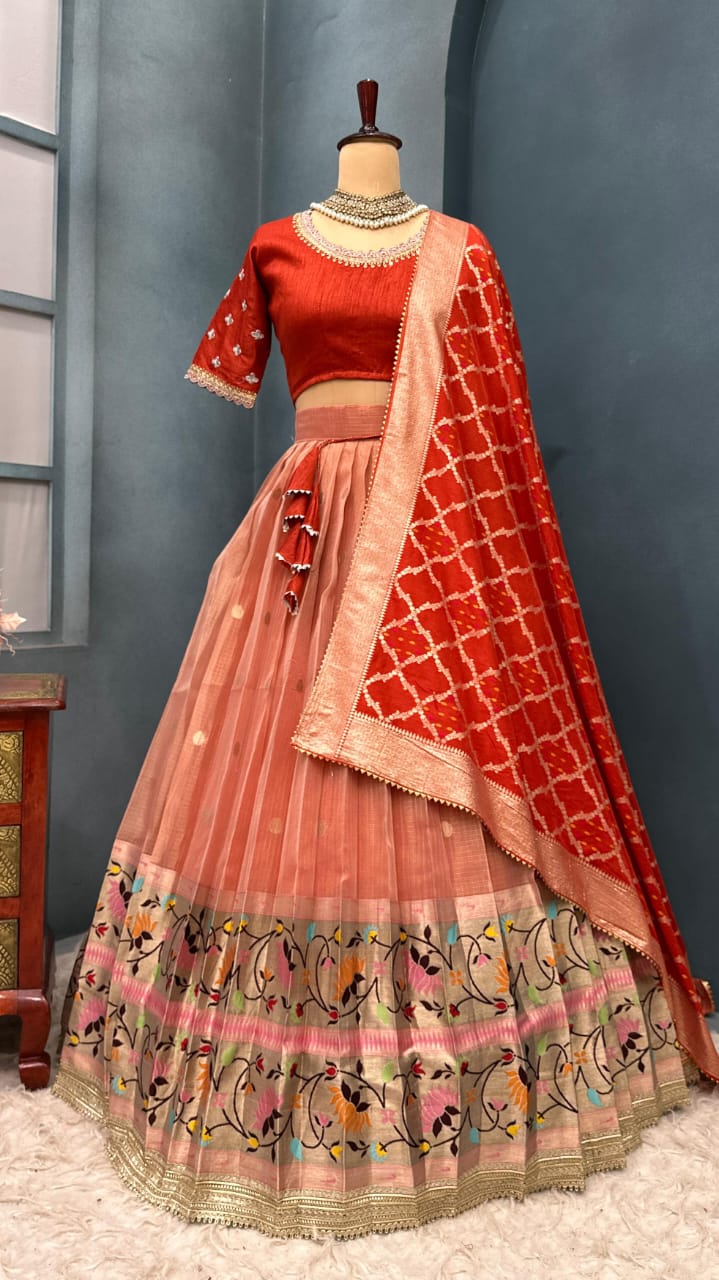 Full Stitched Luxurious Lehanga with Kota checks with Rich big Paithani jacquard border with Premium quality lace border attached with Canvas