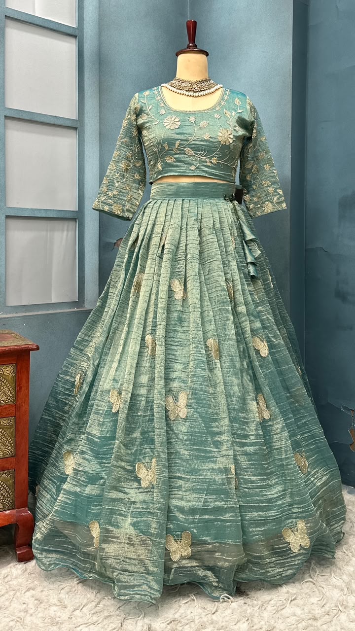 Premium Salsa Silk Fully Stitched Lehenga Set with Elegant Butterfly Maggam Embroidery