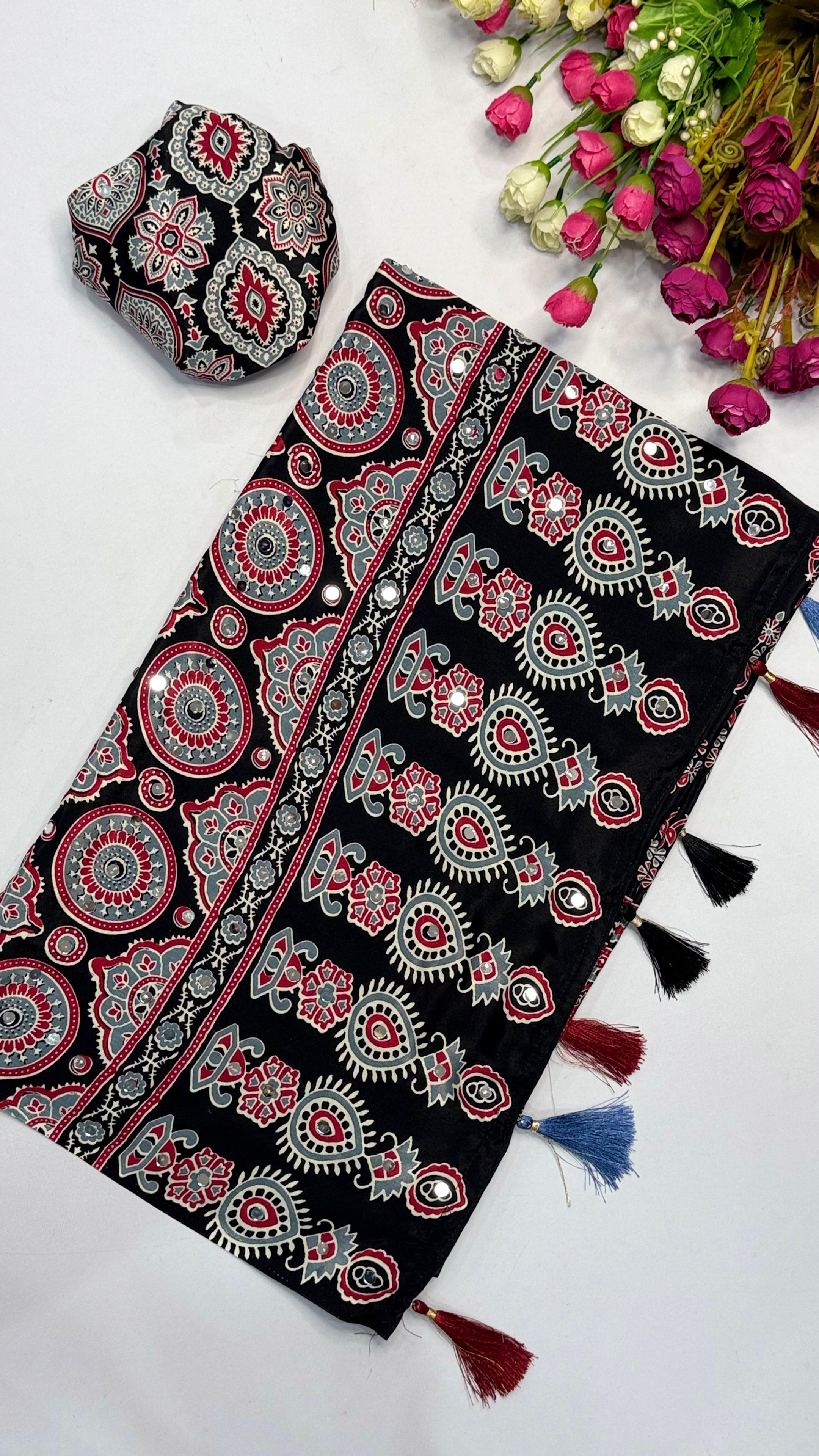 Ajrakh Saree with All Over Mirror Work