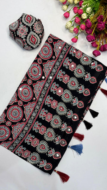 Ajrakh Saree with All Over Mirror Work