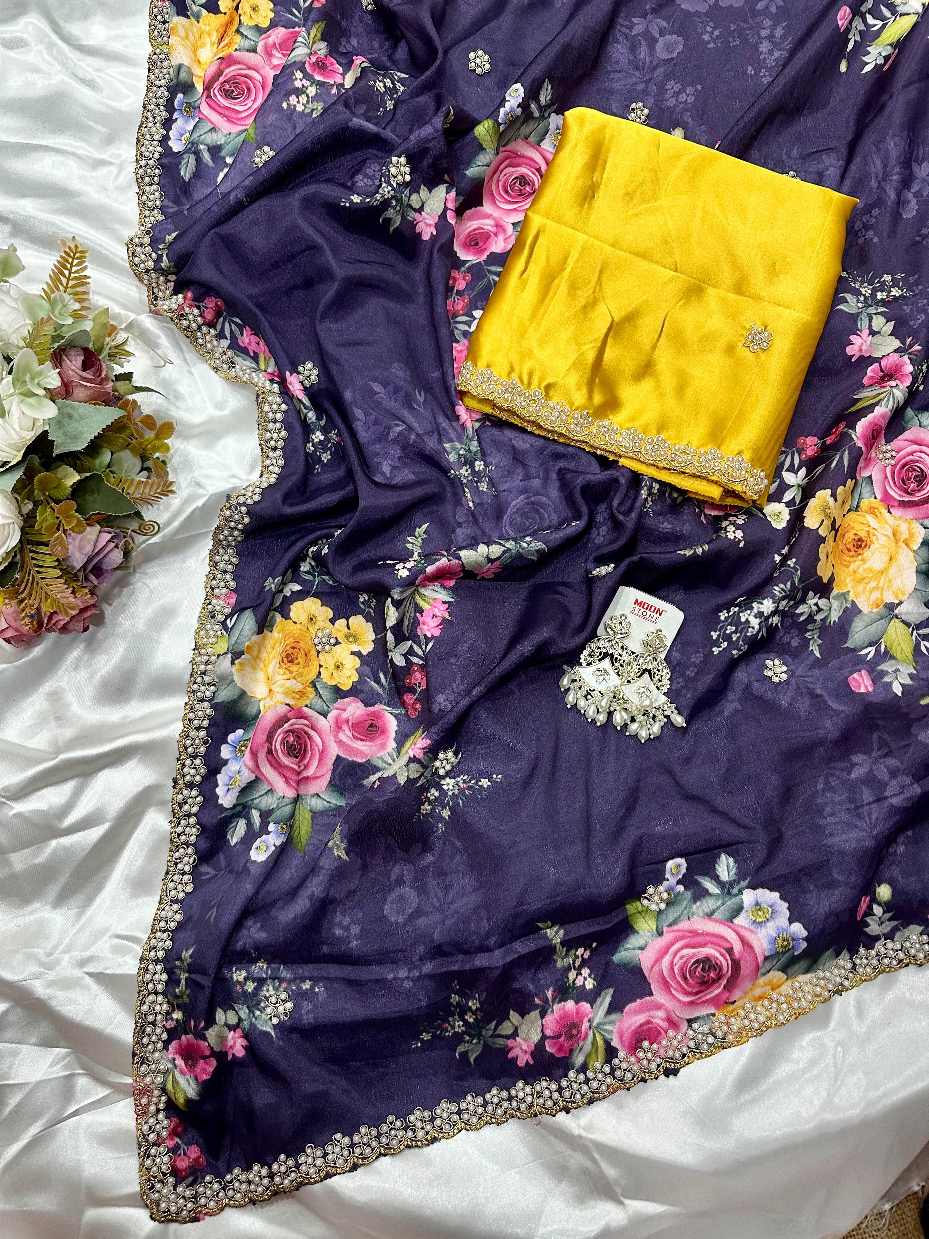 Chinnon Saree with Floral Designs & Moti Work