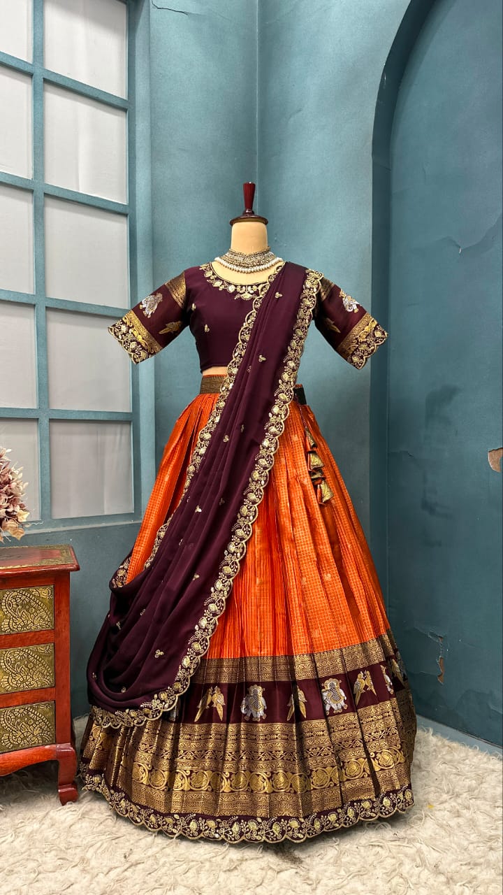 Designer Premium Fully Stitched Kanjivaram Silk Lehanga