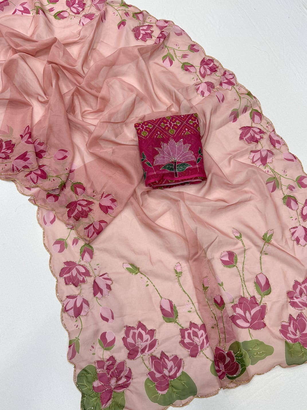Soft Tebby Silk with Digital Floral Design with Beautiful Katdana Handwork
