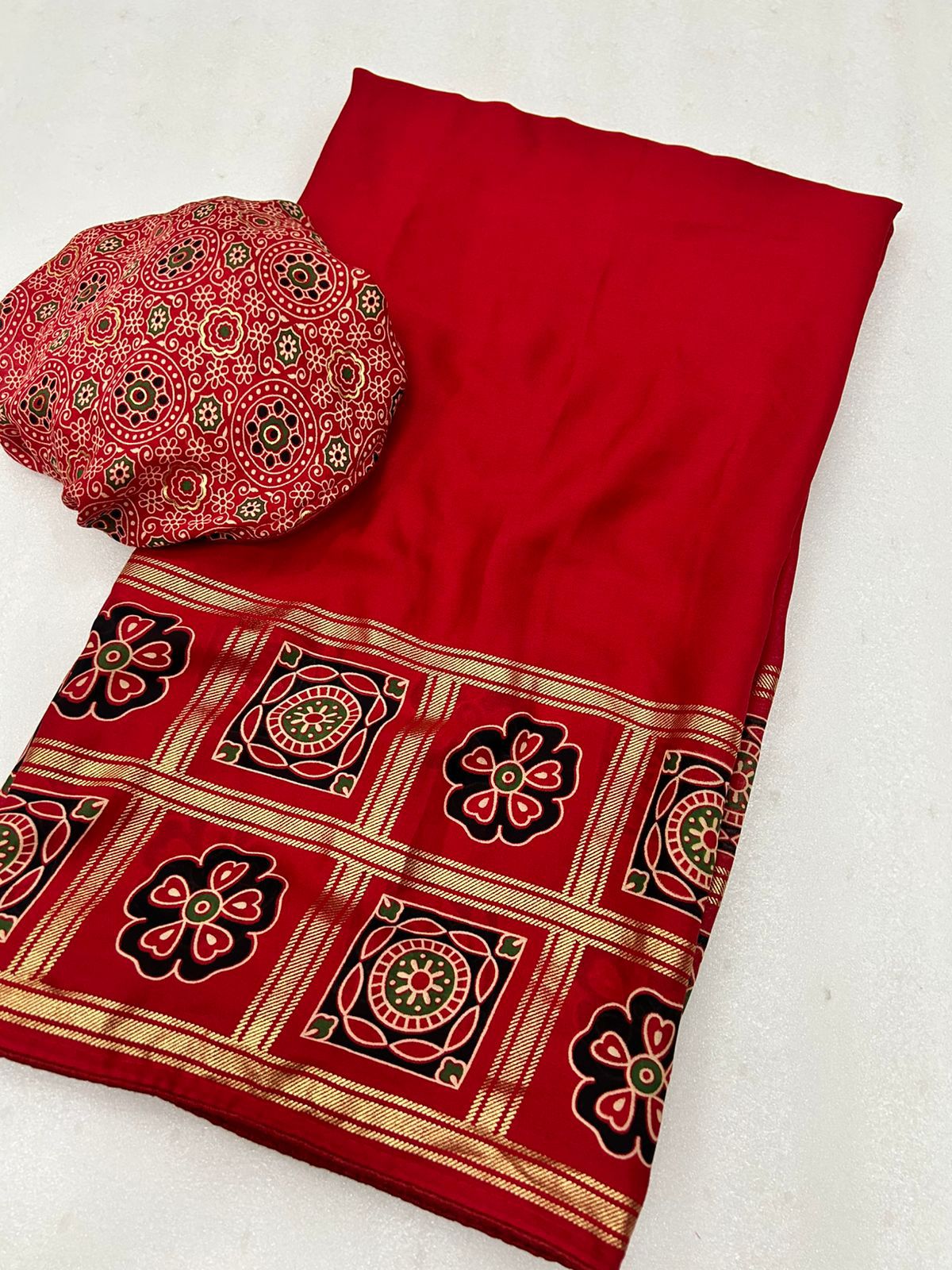 Ajrakh Sarees with Batik Print
